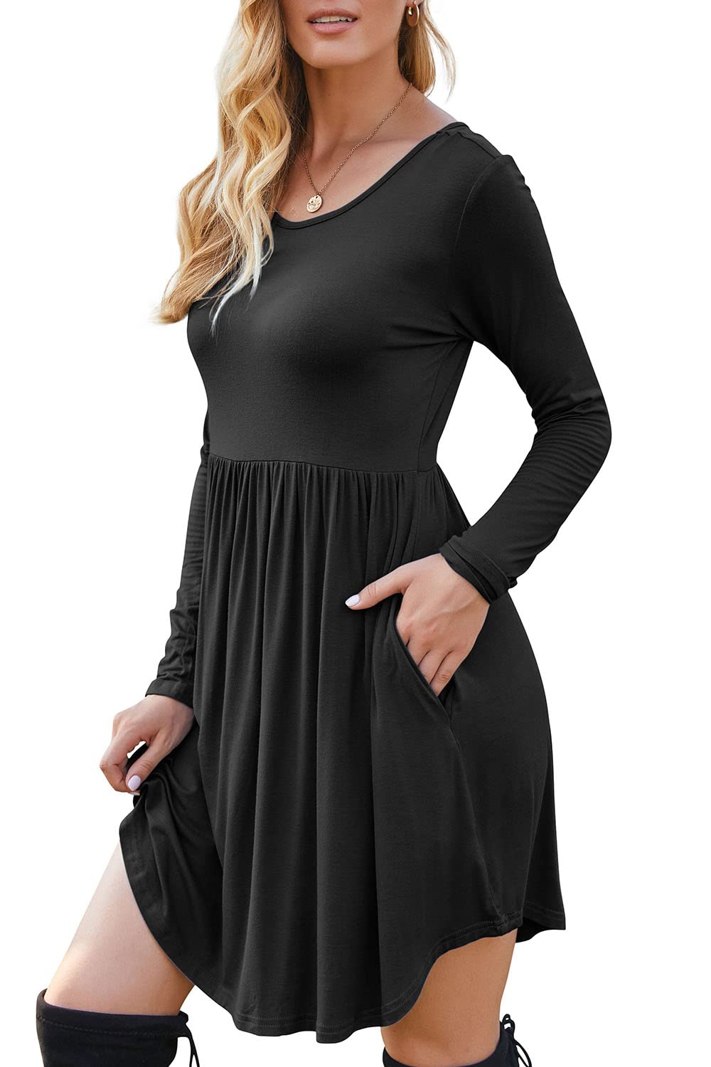 HiMONE Women's Long Sleeve T-Shirt Dress with Pockets - Casual Swing Dress for Everyday Wear, Office, Date Night & Travel Outfits
