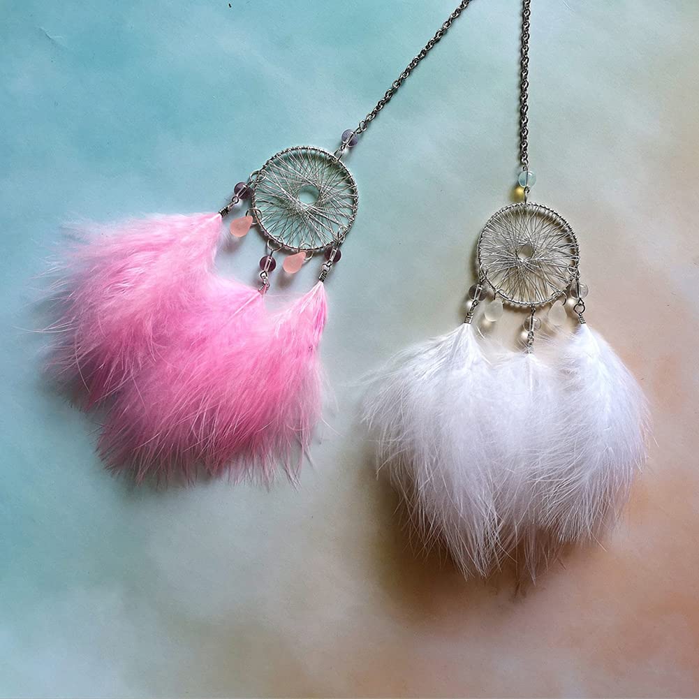 White Feather Dream Catcher Car Charm - Lucky Crystal Car Ornament & Rear View Mirror Pendant | Spiritual Car Accessories for Women | Perfect for Road Trips, Meditation & Positive Energy in Your Vehicle