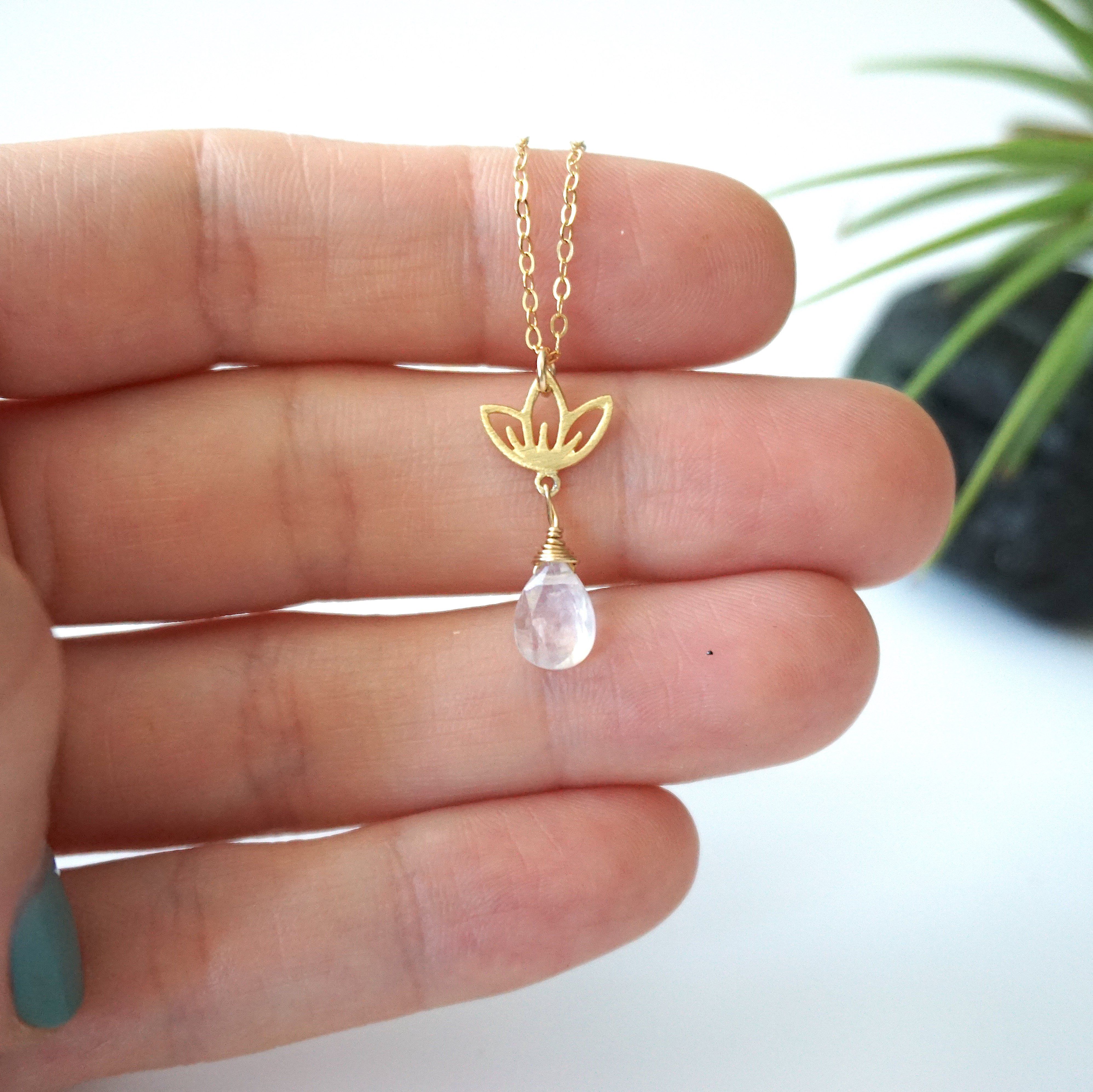 Rainbow Moonstone Necklace with Drop Lotus Charm - 14K Gold Filled Jewelry for Women, Elegant Boho Pendant Necklace for Everyday Wear & Special Occasions