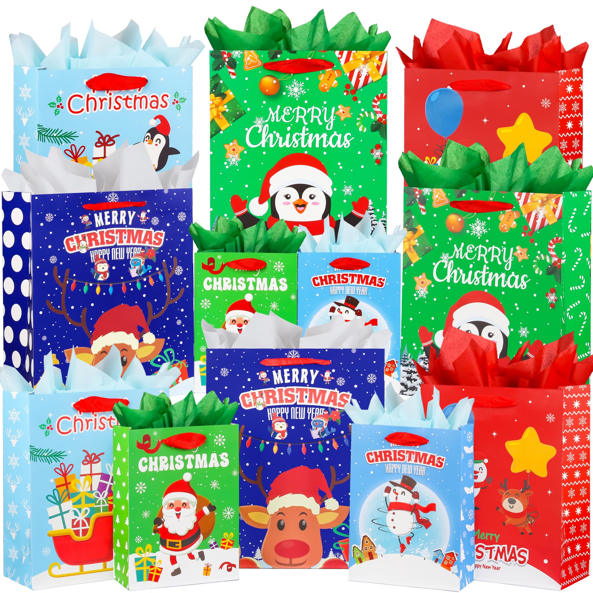 PINWATT 12-Pack Christmas Gift Bags Set - Assorted Sizes with Tissues for Holiday Gifts Wrapping | Perfect for Christmas Parties, Office Exchanges & Festive Present Giving
