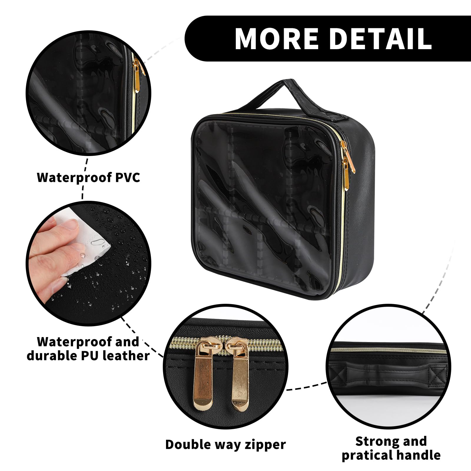 Clear Travel Makeup Bag for Women - Waterproof Cosmetic Organizer with Handle & Detachable Dividers | Portable Toiletry Case | Perfect Gift for Women & Girls | Ideal for Travel, Gym & Daily Use (Black)