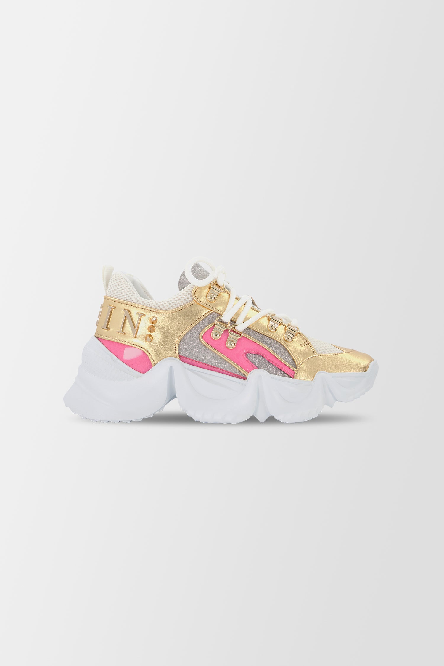 Philipp Plein Gold & Pink Crystal Embellished Sneakers for Women - Luxury Fashion Shoes for Parties, Nightlife & Special Occasions