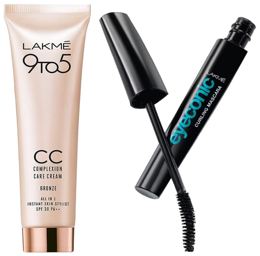 Lakme Eyeconic Lash Curling Mascara - Black (9ml) & Lakme 9 to 5 Complexion Care Face Cream - Bronze (30g) | Volumizing Mascara for Dramatic Lashes & Daily Moisturizing Cream for Glowing Skin | Perfect for Daytime Makeup & Skincare Routine