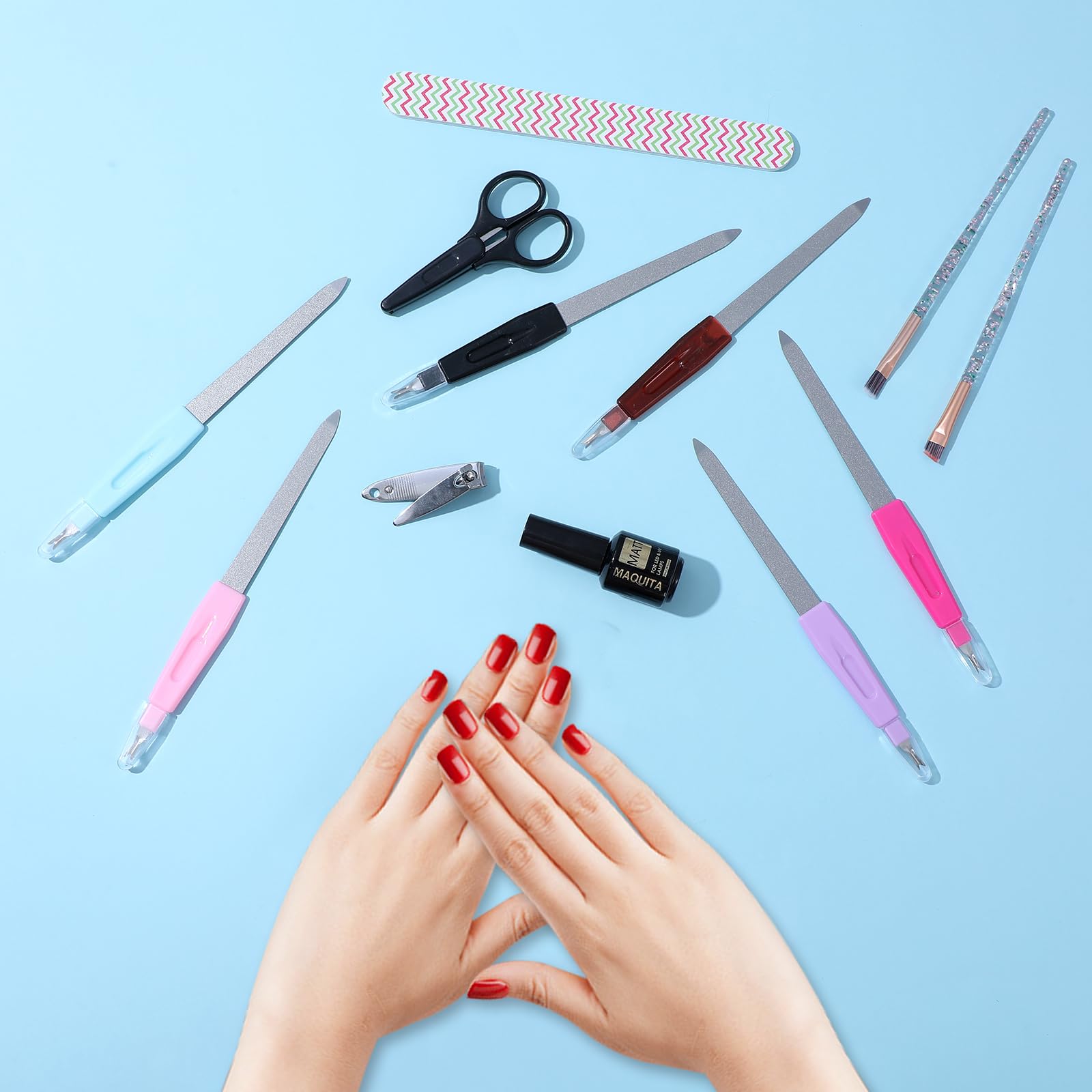 12 Pcs Professional Stainless Steel Nail File Kit - Metal Nail Files, Cuticle Trimmer & Manicure Tools for Women | At-Home & Salon Nail Care, Travel Grooming Essentials