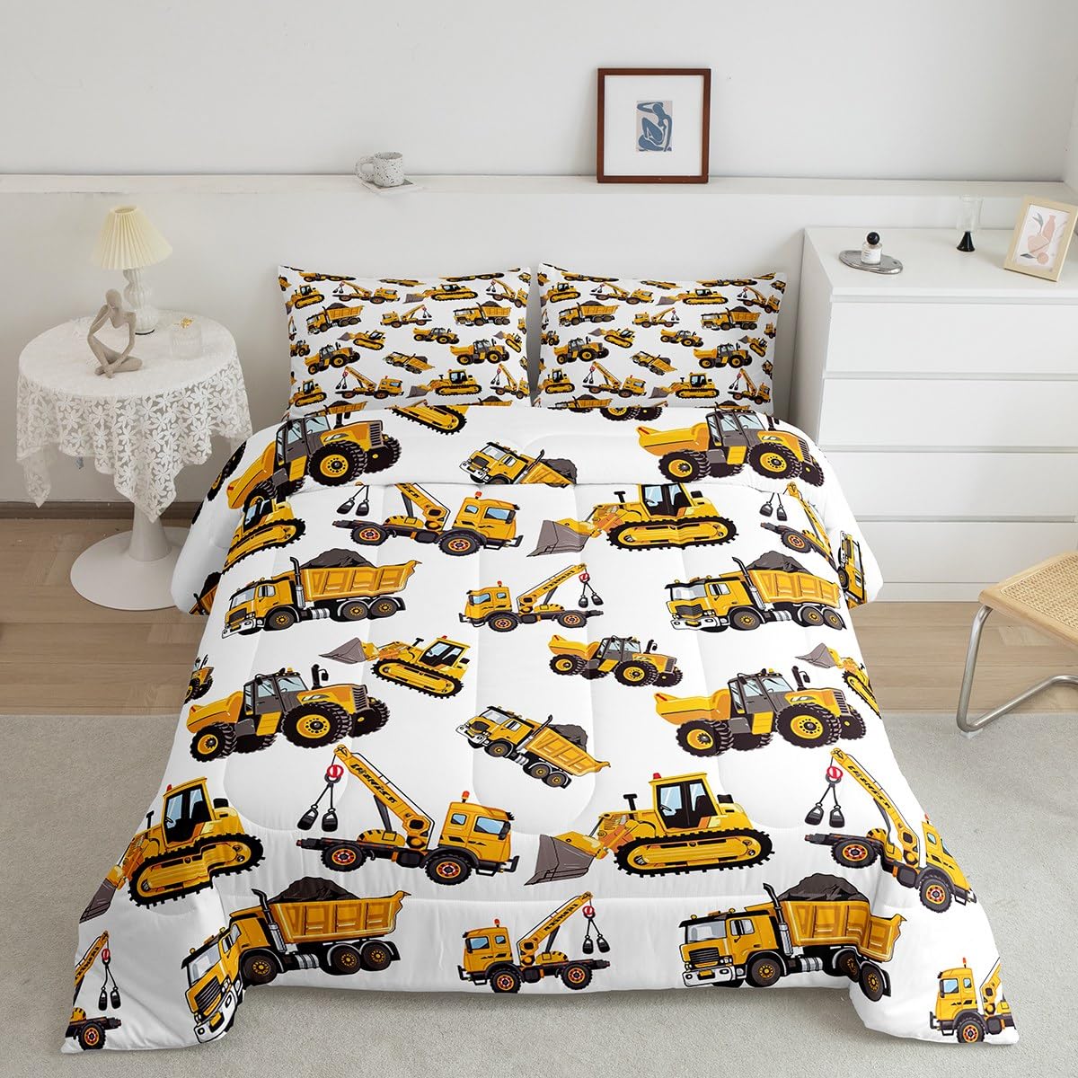 Erosebridal Construction Truck Comforter Set - Full Size Excavator & Bulldozer Duvet Cover for Boys | Kids Machinery Themed Bedding | Yellow Cartoon Window Design | Perfect for Kids & Teens Room Decor | Crane, Dump Truck & Heavy Equipment Theme