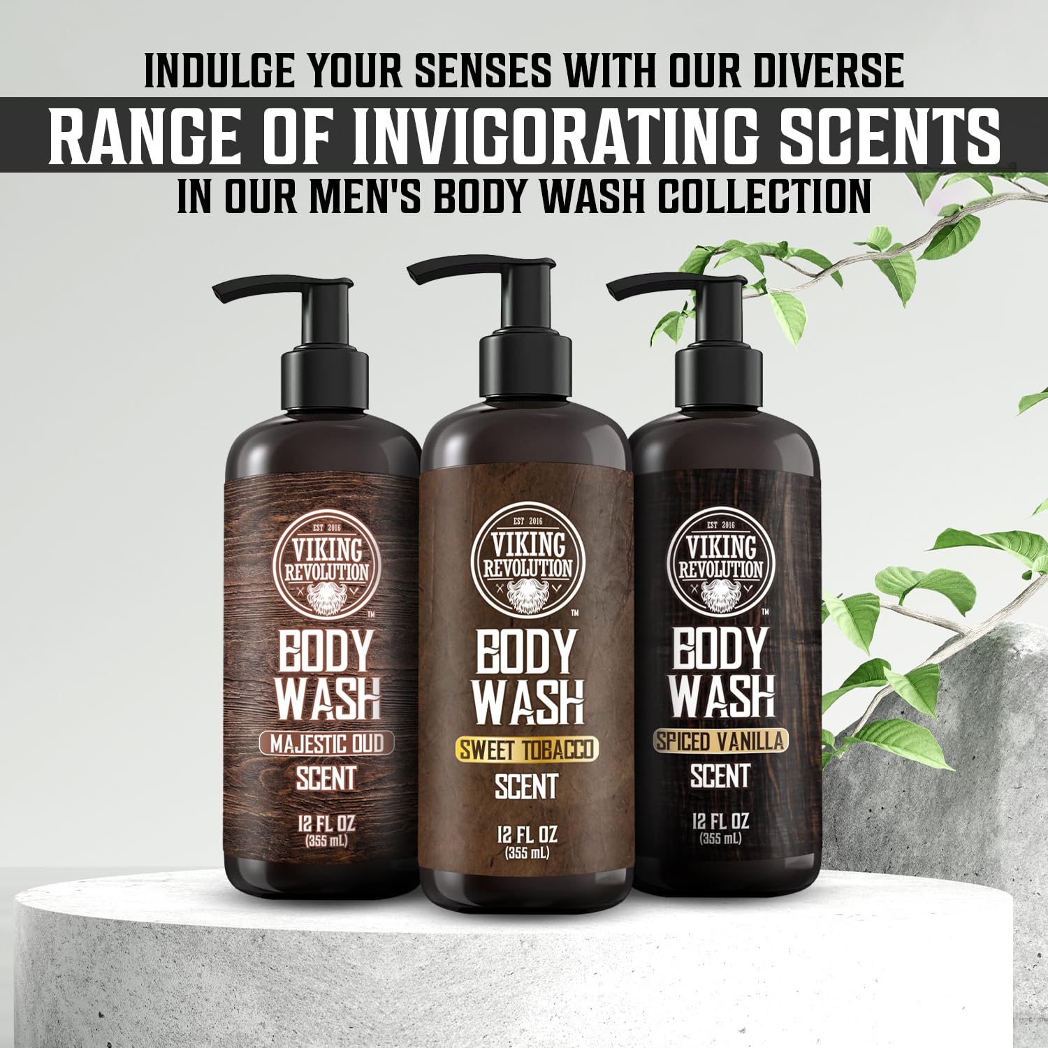Viking Revolution Men's Body Wash - Majestic Oud Scented Natural Shower Gel with Vitamin E & Rosemary Oil - Hydrating & Refreshing for Daily Use - 12 Fl Oz (Pack of 2) - Perfect for Gym, Travel & Men's Skincare Routine