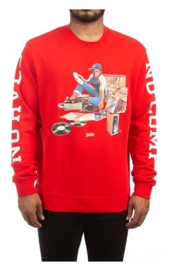 Akoo Men's Red Discography Graphic Crewneck Sweatshirt | Soft Cotton Pullover Hoodie | Vintage Music Tee for Casual Wear & Street Style