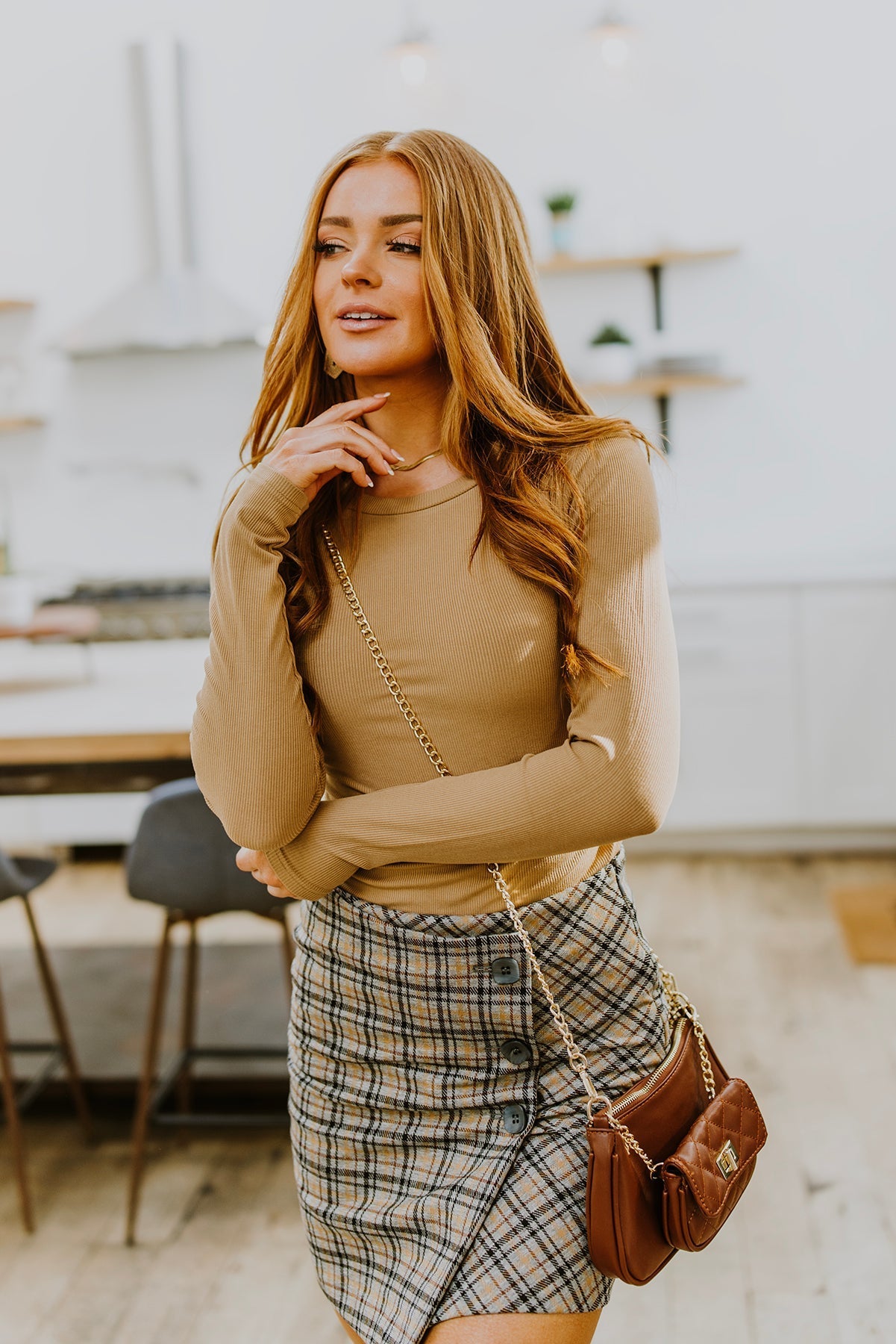 Hold Me Tight Ribbed Long Sleeve Top in Tan - Women's Stretchy Comfortable Basic Shirt for Layering, Casual Wear & Fall Outfits