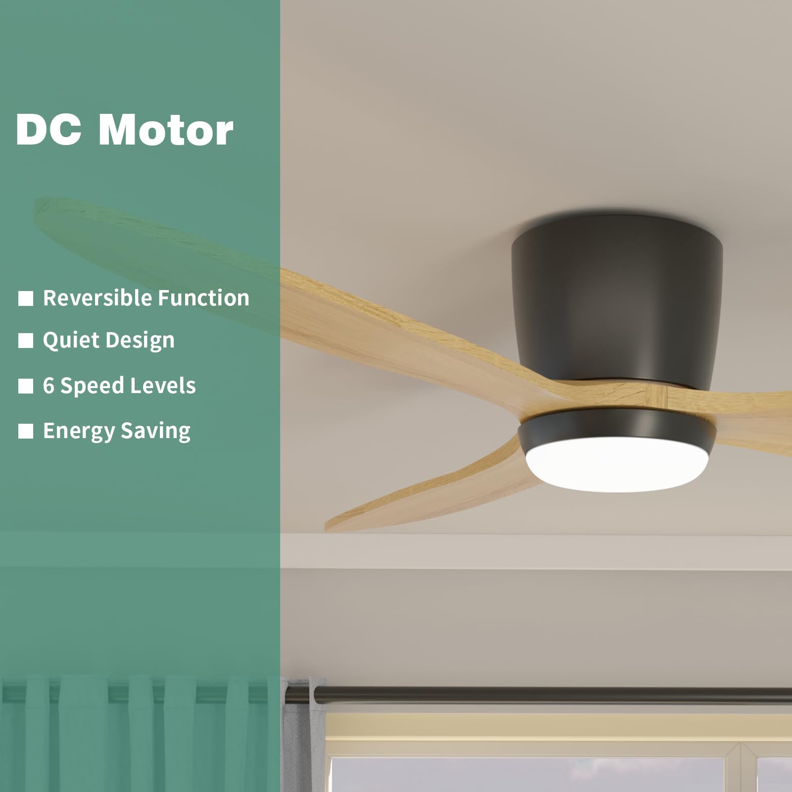 52 Inch Flush Mount Ceiling Fan with Light - Low Profile DC Motor Fan with Remote Control, 6 Speeds & 3 Color Lighting Options, Wood Blades in Modern Matte Black - Perfect for Outdoor, Patio, Bedroom and Living Room Spaces
