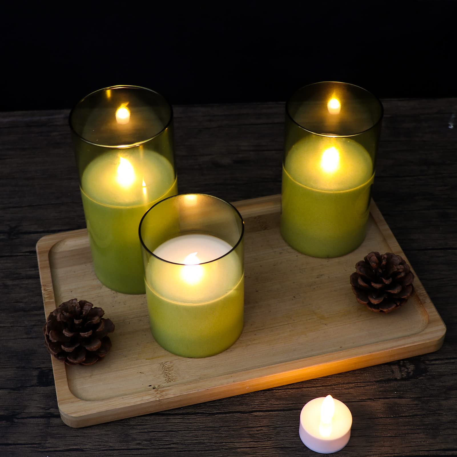 GenSwin Green Glass Flameless LED Candles - Set of 3 with 10-Key Remote & Timer, Real Wax Warm White Flickering Lights for Home Decor, Wedding, Christmas, and Romantic Ambiance
