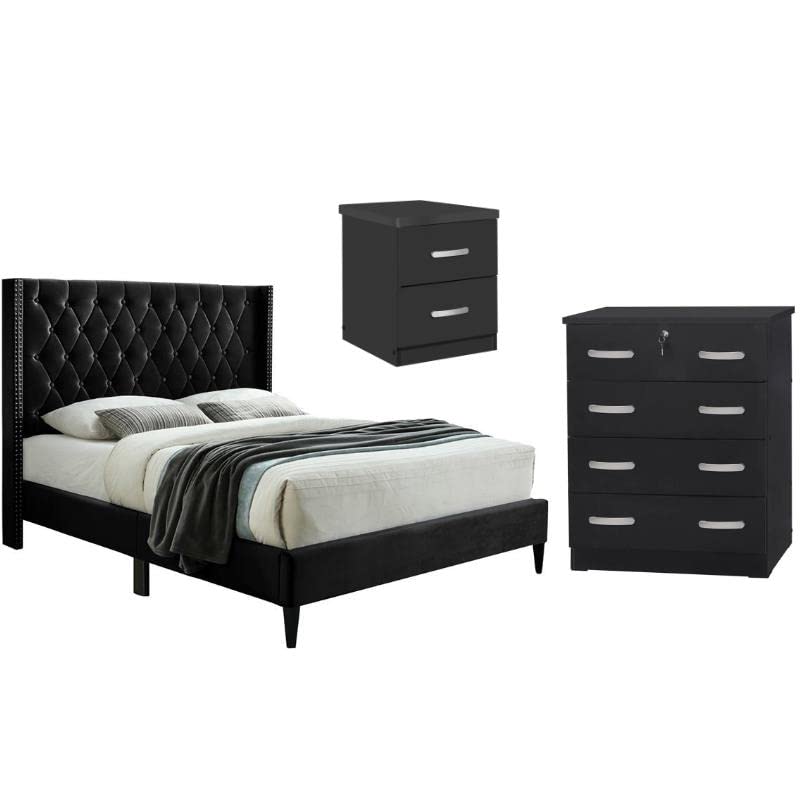 Home Square 3-Piece Tufted Bedroom Set with Locking Dresser & Nightstand - Full Size Bedroom Furniture for Master Bedroom & Guest Room