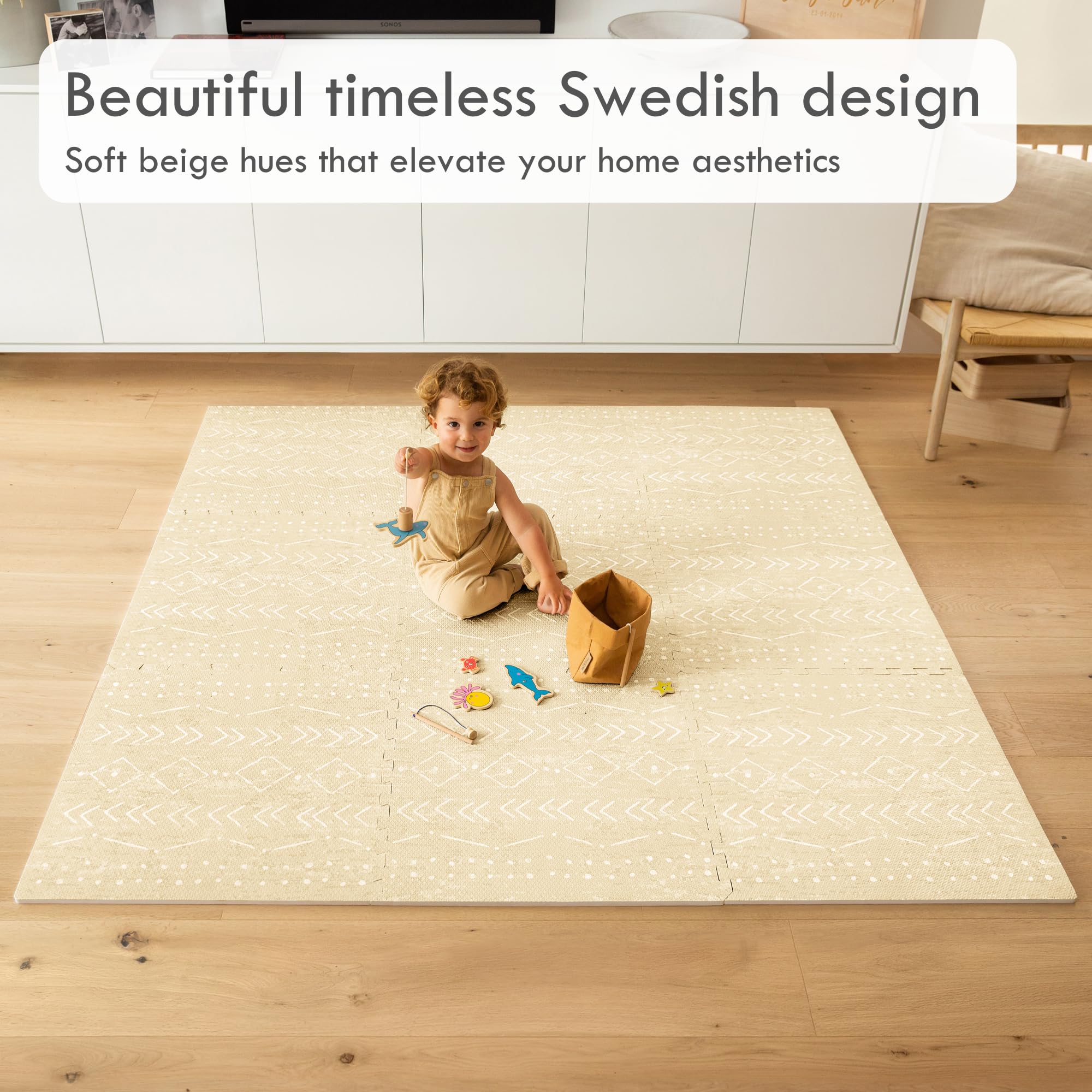 Lillefolk Soft Thick Non-Toxic Foam Play Mat for Babies - 6ft x 6ft Large Interlocking Puzzle Tiles for Tummy Time, Crawling & Nursery Flooring (Beige, 9 Tiles) - Perfect for Playrooms, Daycares & Safe Baby Play Areas