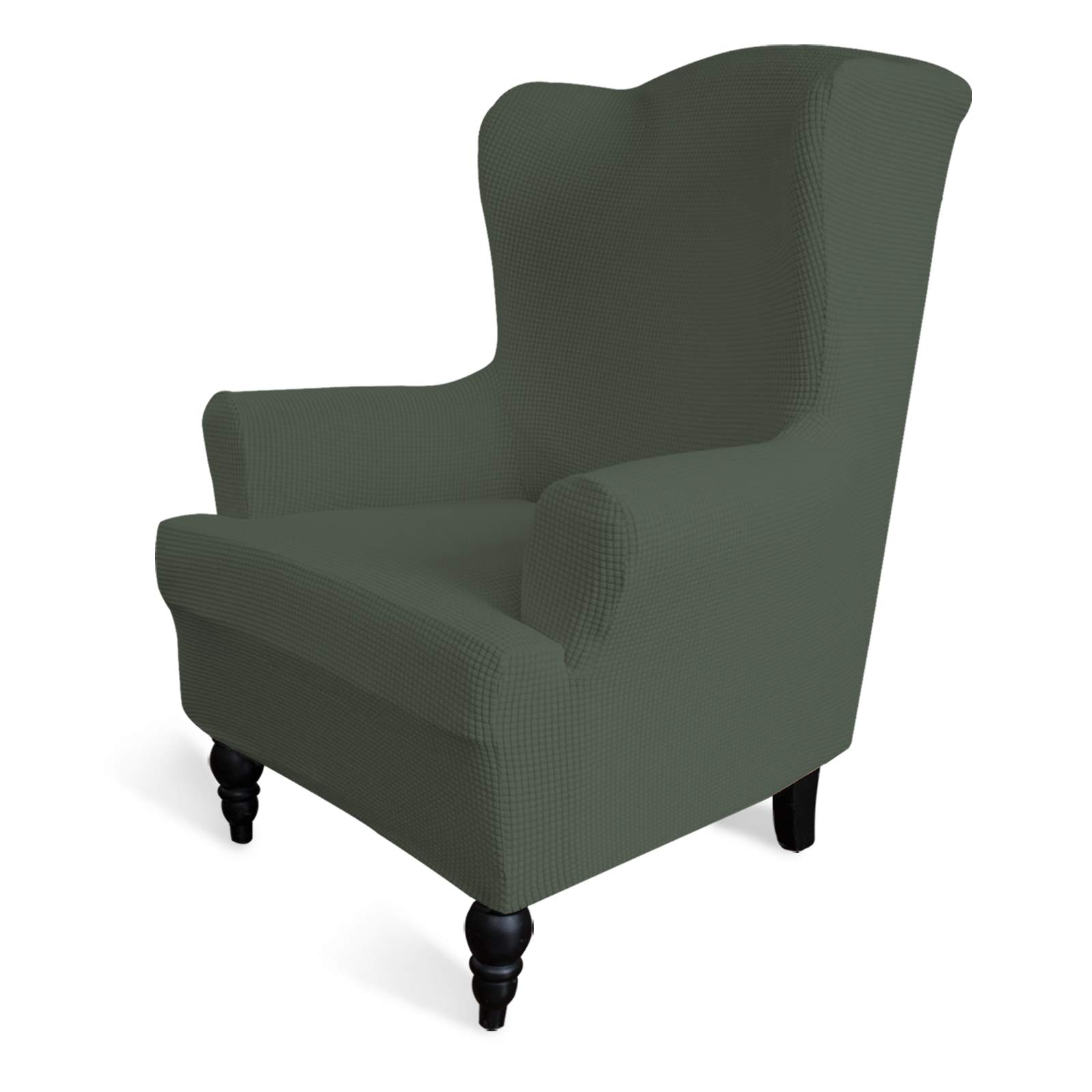 Stretch Wingback Chair Slipcover - 1-Piece Elastic Sofa Cover with Jacquard Fabric, Olive Green - Furniture Protector for Living Room, Office, Reading Nook - Polyester Spandex Blend with Small Check Pattern