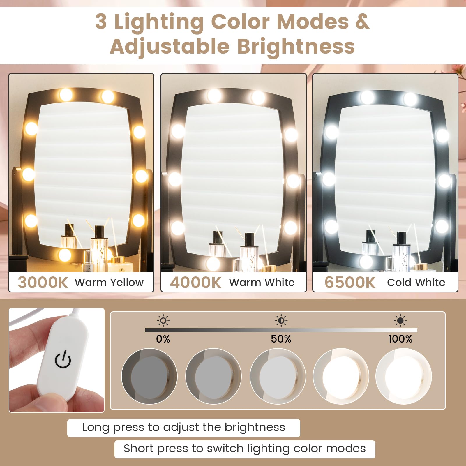 Charmaid Girls Makeup Vanity Desk with LED Mirror Lights - 10 Bulbs, 3 Lighting Modes, 4 Storage Drawers & Stool - Modern Dressing Table for Bedroom, Teen Room & Beauty Salon (Black)
