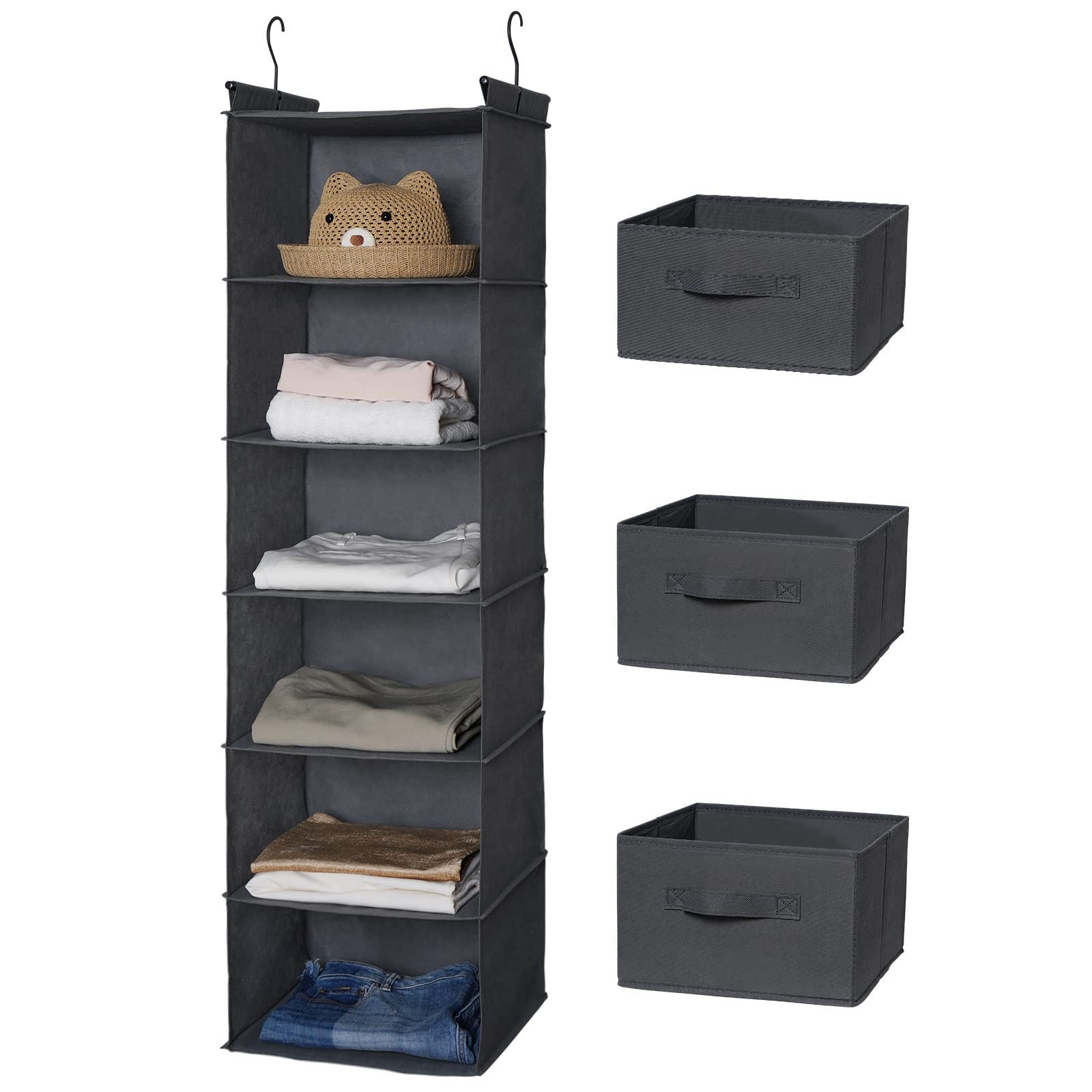 MAX Houser 6-Tier Hanging Closet Organizer Shelf with 2 Heavy-Duty Hooks - Foldable Space-Saving Storage for Clothes, Shoes & Accessories (Grey) - Perfect for Bedroom, Closet & Dorm Organization