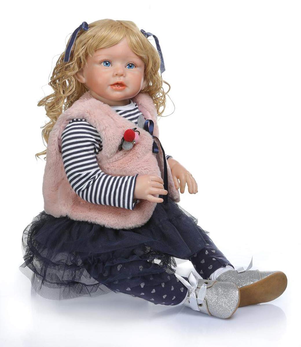 TERABITHIA 28 Inch 70cm Realistic Reborn Baby Doll with Long Curly Blonde Hair & Changeable Clothes - Lifelike Silicone Newborn Toddler Girl Doll for Collectors, Gift Giving, and Role Play