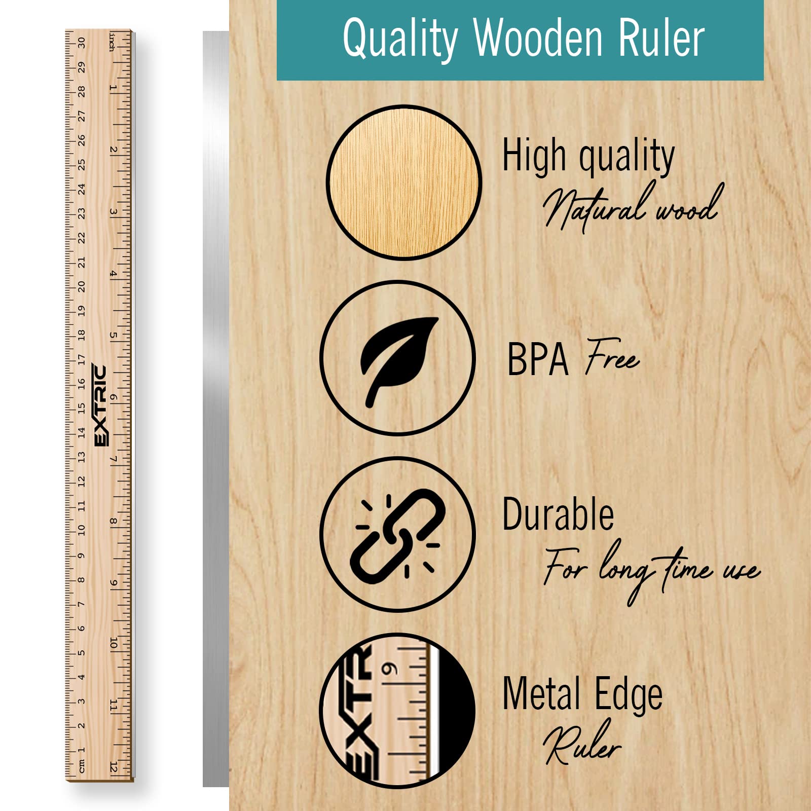 4-Pack 12 Inch Wood Rulers with Metal Edge - Durable School, Office & Home Measuring Tools for Students, Teachers & DIY Projects