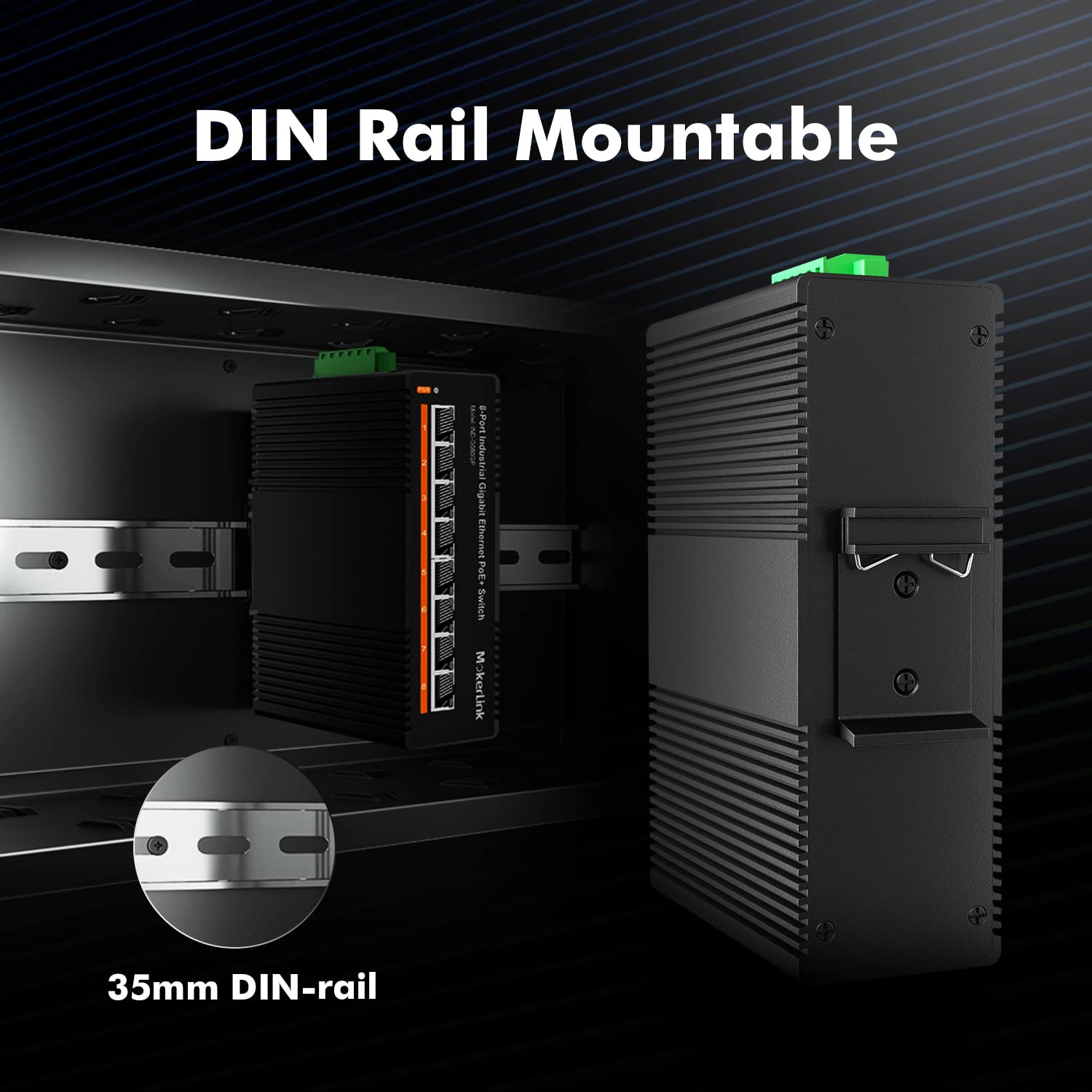 MokerLink 8 Port PoE Gigabit Industrial DIN-Rail Ethernet Switch | 96W PoE+ Power | 16Gbps Switching Capacity | IP40 Rated Unmanaged Network Switch | Wide Temperature Range (-40°F to 185°F) | Includes Power Supply | Ideal for Industrial Automation, Security Systems & Harsh Environments