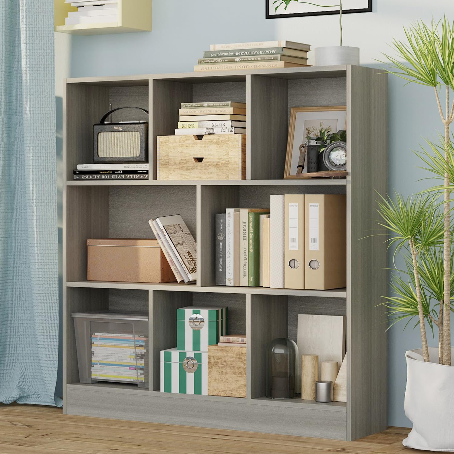 AIEGLE 8-Cube Bookshelf Organizer - 3-Tier Wooden Storage Shelf for Kids Bedroom, Living Room & Office - Modern Gray Bookcase (39.4