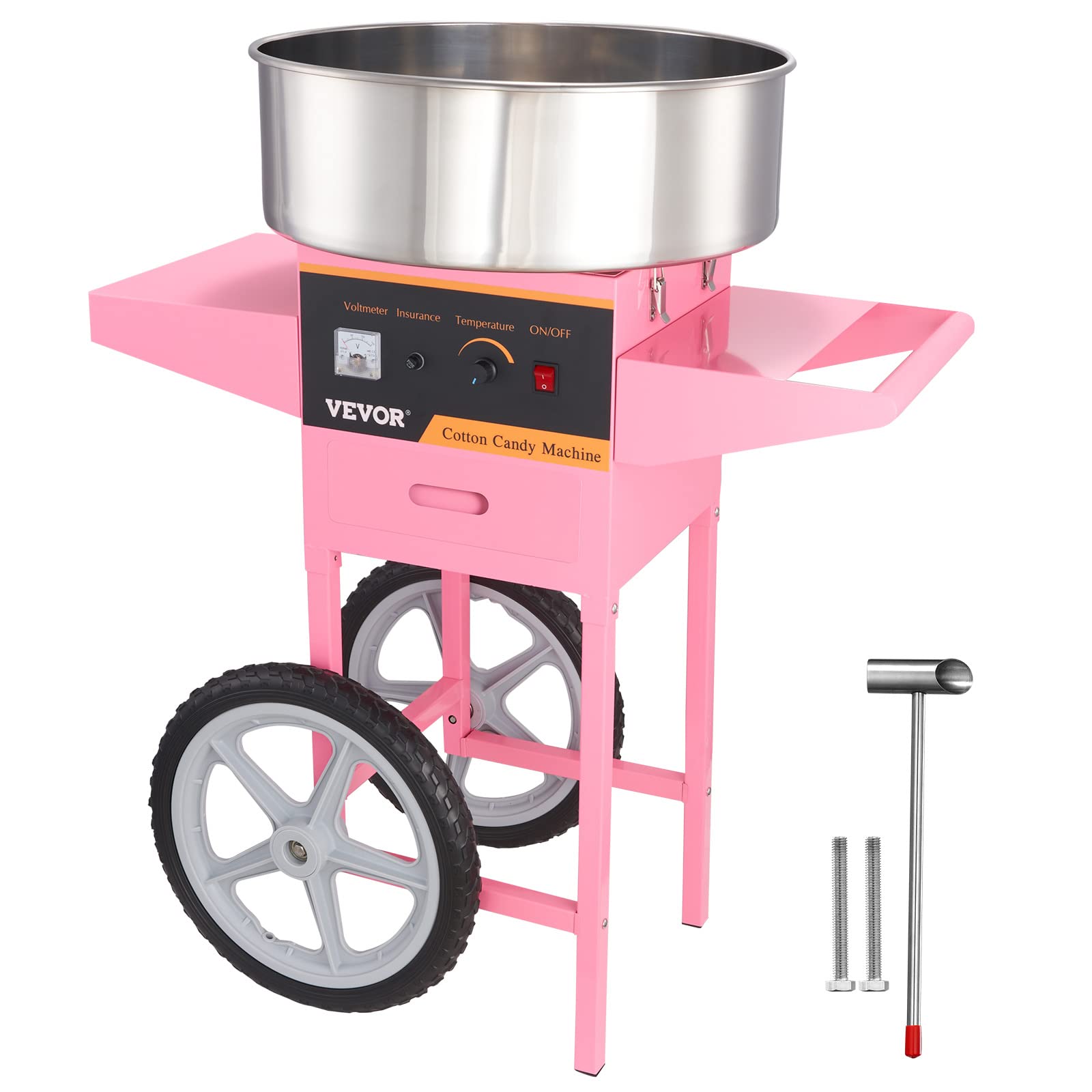VBENLEM Commercial Cotton Candy Machine with Cart - Electric Candy Floss Maker with Stainless Steel Bowl, Sugar Scoop & Storage Drawer - Perfect for Birthday Parties, Carnival Events, and Home Use (Pink)