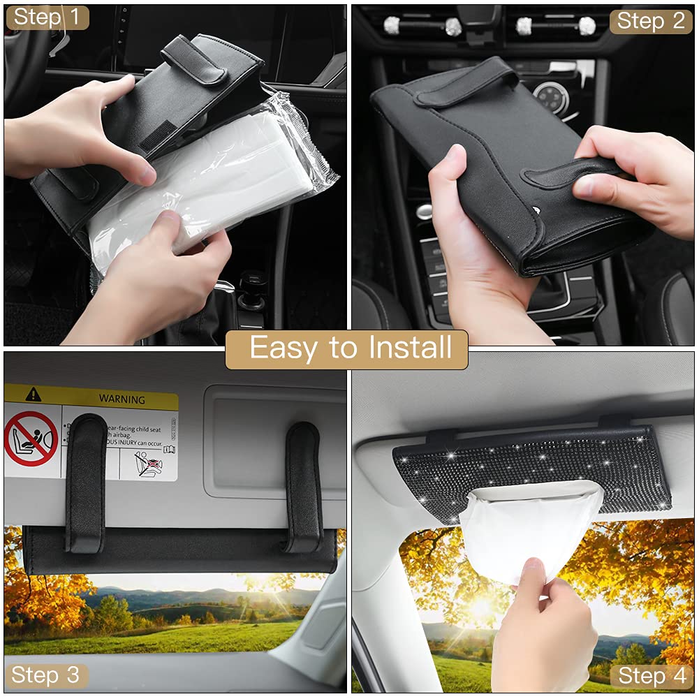 Black Rhinestone Car Tissue Holder - Sun Visor Napkin Holder with 1 Refill Pack | Perfect for Road Trips, Commuting & Car Organization