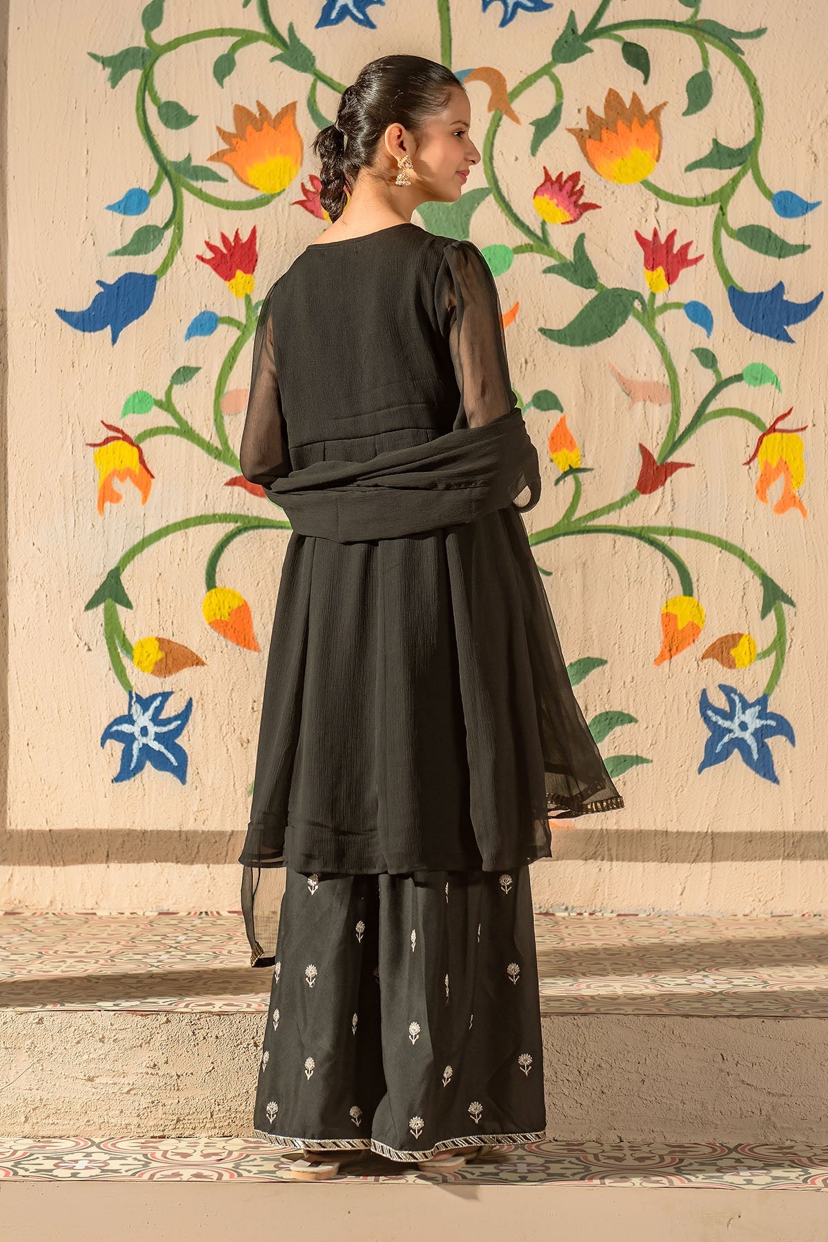Elegant Black Chiffon Embroidered Suit with Ochre Stitching - Perfect for Weddings, Parties & Special Occasions