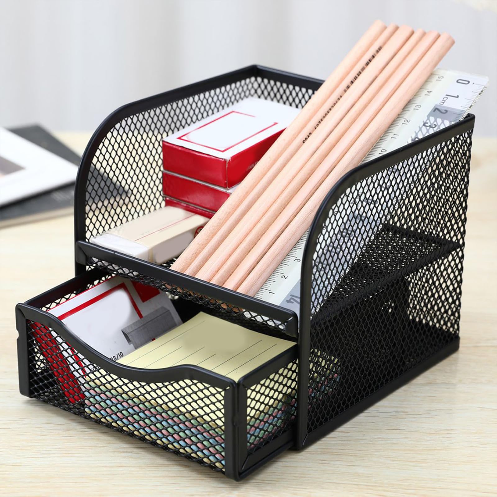 AJOIDR Metal Pen Holder with Sliding Drawer - Space Saving Desk Organizer for Office & Home Use