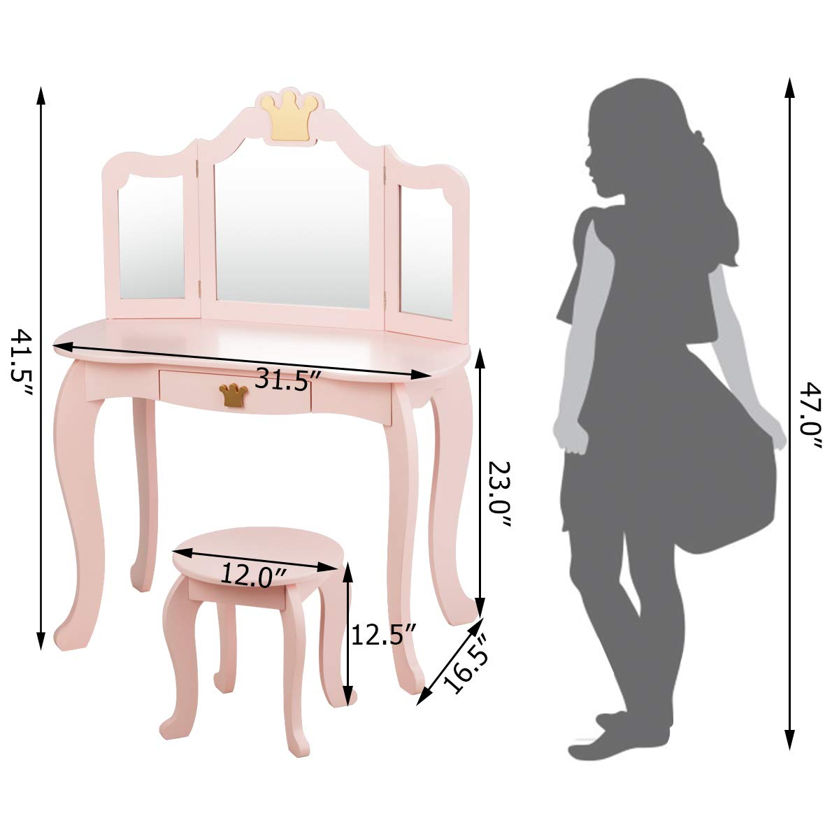 Princess Makeup Vanity Set with Mirror & Chair for Girls - Pretend Play Beauty Dressing Table (Pink) - Perfect for Bedroom Playroom