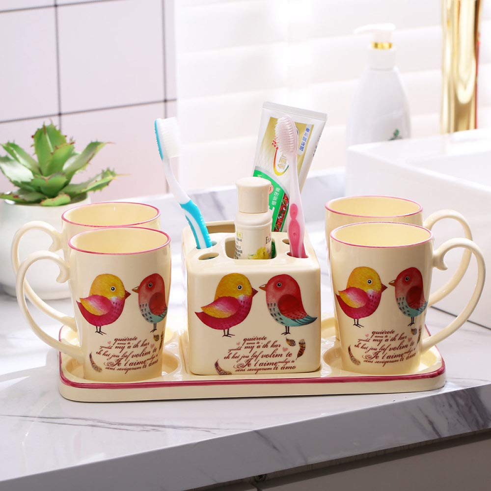 Vintage Ceramic Bathroom Accessories Set - 6-Piece Cute Bird Vanity Tray with 4 Cups & Toothbrush Holder - Elegant Home & Hotel Vanity Countertop Decor for Bathroom Organization & Stylish Display
