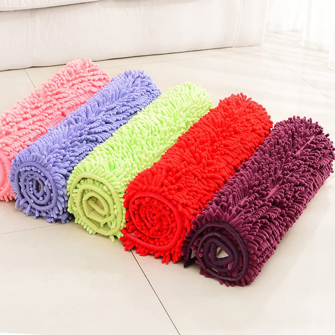 **Soft Absorbent Plush Chenille Bath Rug Mat - Non-Slip Microfiber Shower Mat for Bathroom, Bathtub & Bedroom - Machine Washable, Orange, 16