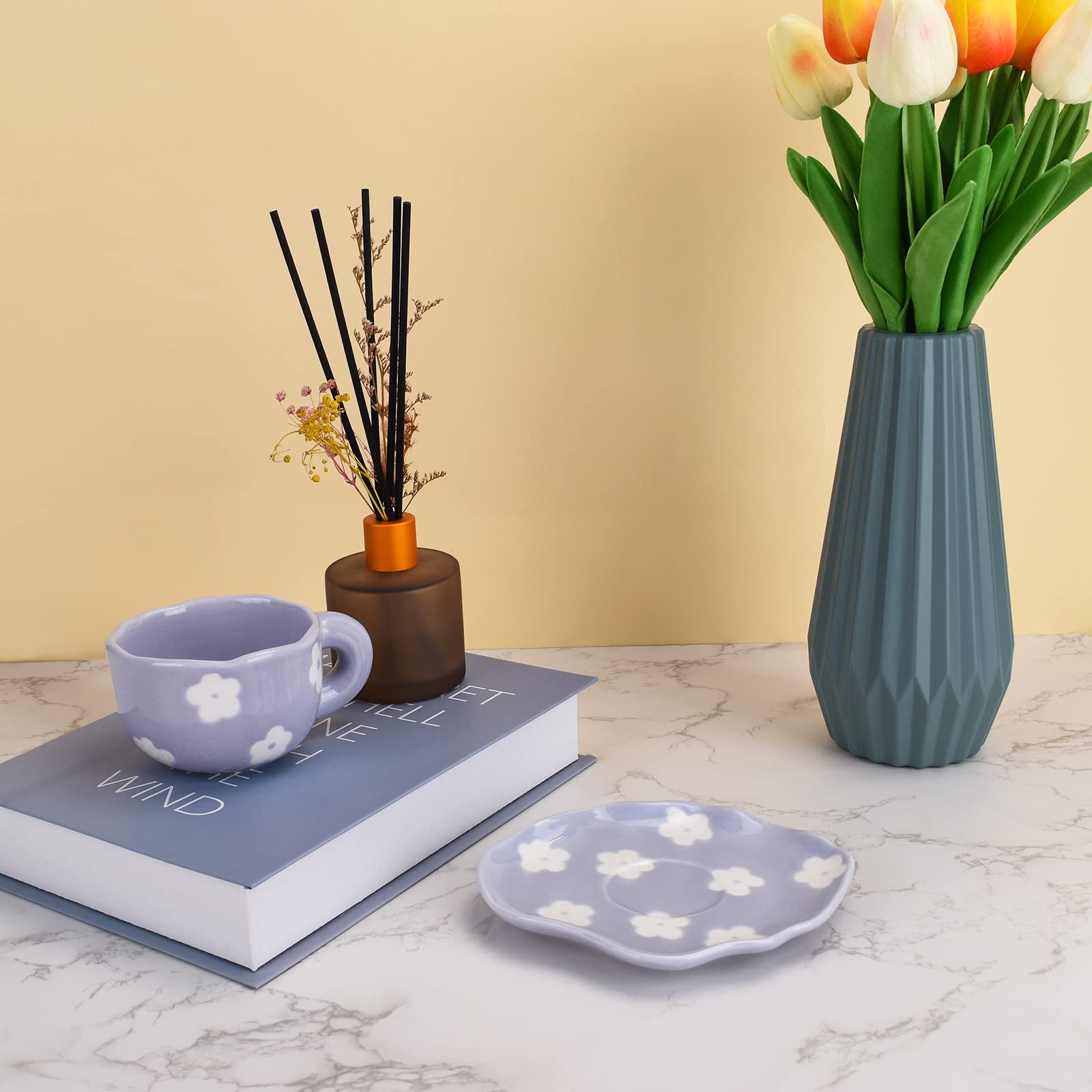 Koythin Ceramic Coffee Mug with Saucer Set - 6 oz (180ml) Cute Irregular Design for Latte, Tea & Milk - Perfect for Office & Home Use (Purple Flower) | Great for Morning Coffee, Afternoon Tea or Gift Giving