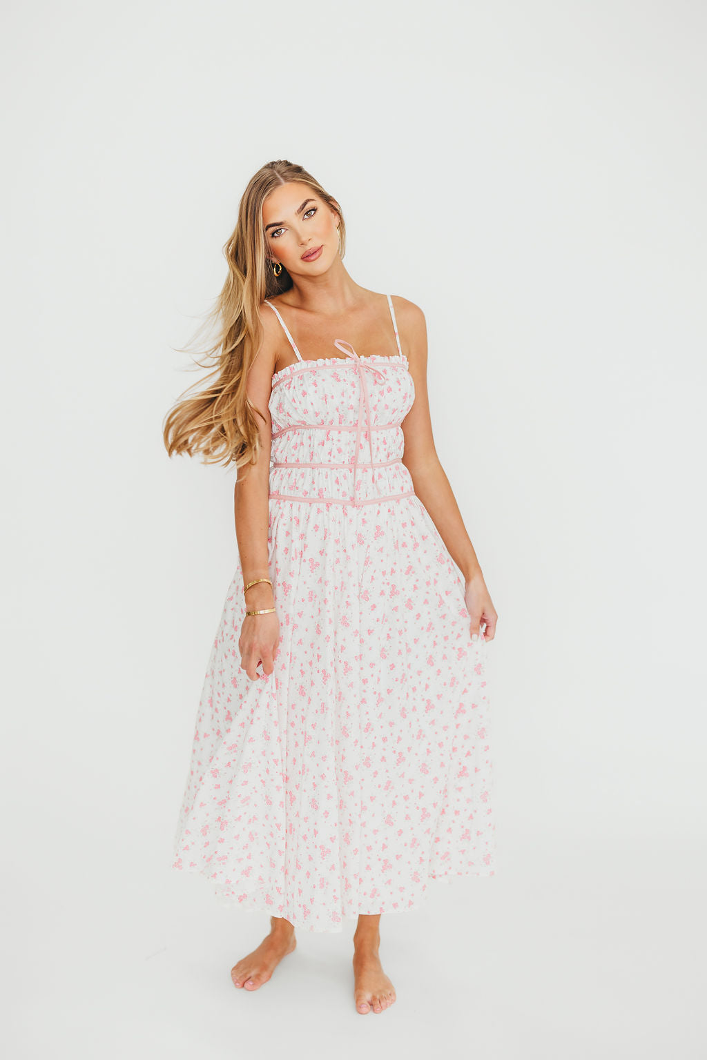 Vanessa Floral Midi Dress for Women - Elegant Pink Summer Dress with V-Neck & Flowy Skirt | Perfect for Weddings, Parties & Date Nights