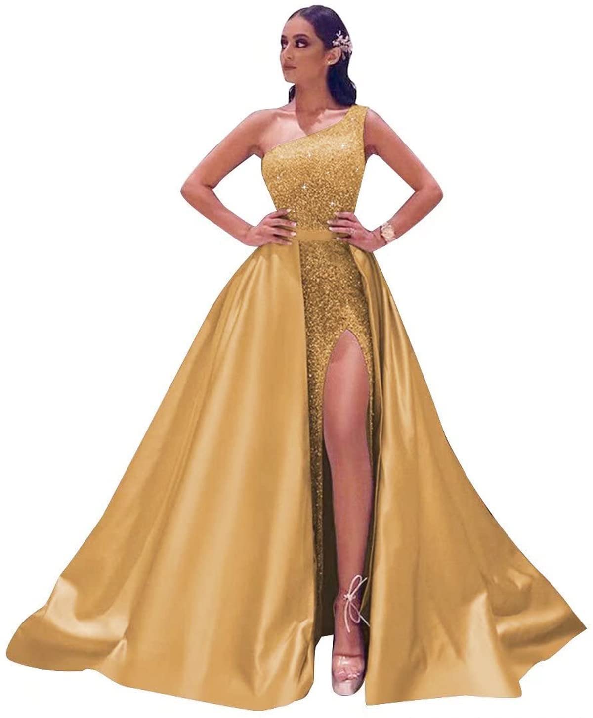 ROOALOSLEE Women's One Shoulder Sparkly Sequin Prom Dress with High Slit - Elegant Evening Gown for Formal Events, Homecoming, Wedding & Ballroom Dance