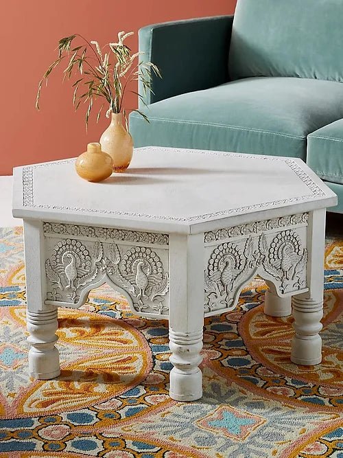 Exquisite Hand-Carved Wood Peacock Coffee Table - White Modern Center Table with Detachable Tray | Perfect for Living Room, Lounge & Home Decor