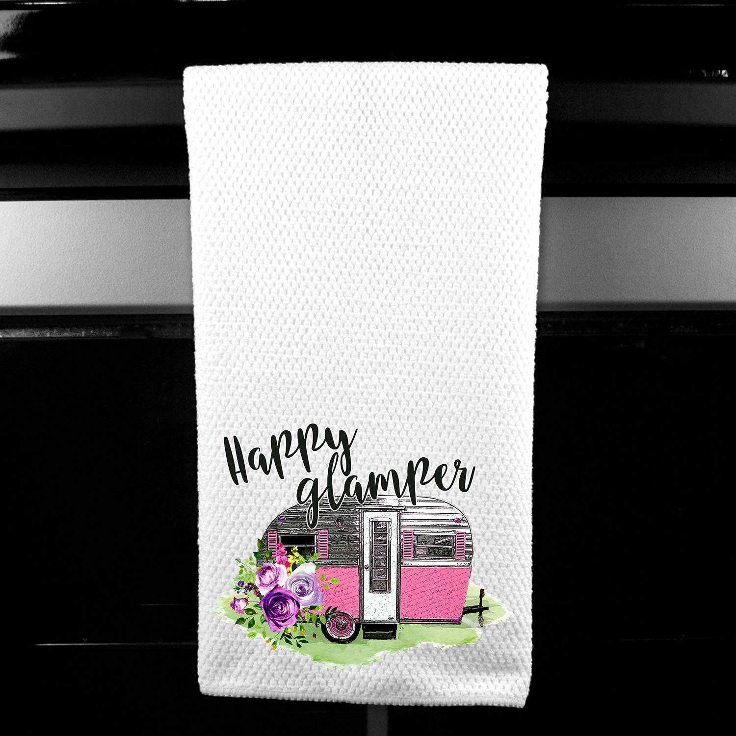Vintage Style Happy Glamper Camping Towel - Super Absorbent Microfiber Kitchen Towel for RV, Outdoor Picnics & Cozy Home Decor - Perfect for Camping Trips, RV Adventures & Farmhouse Kitchen Use
