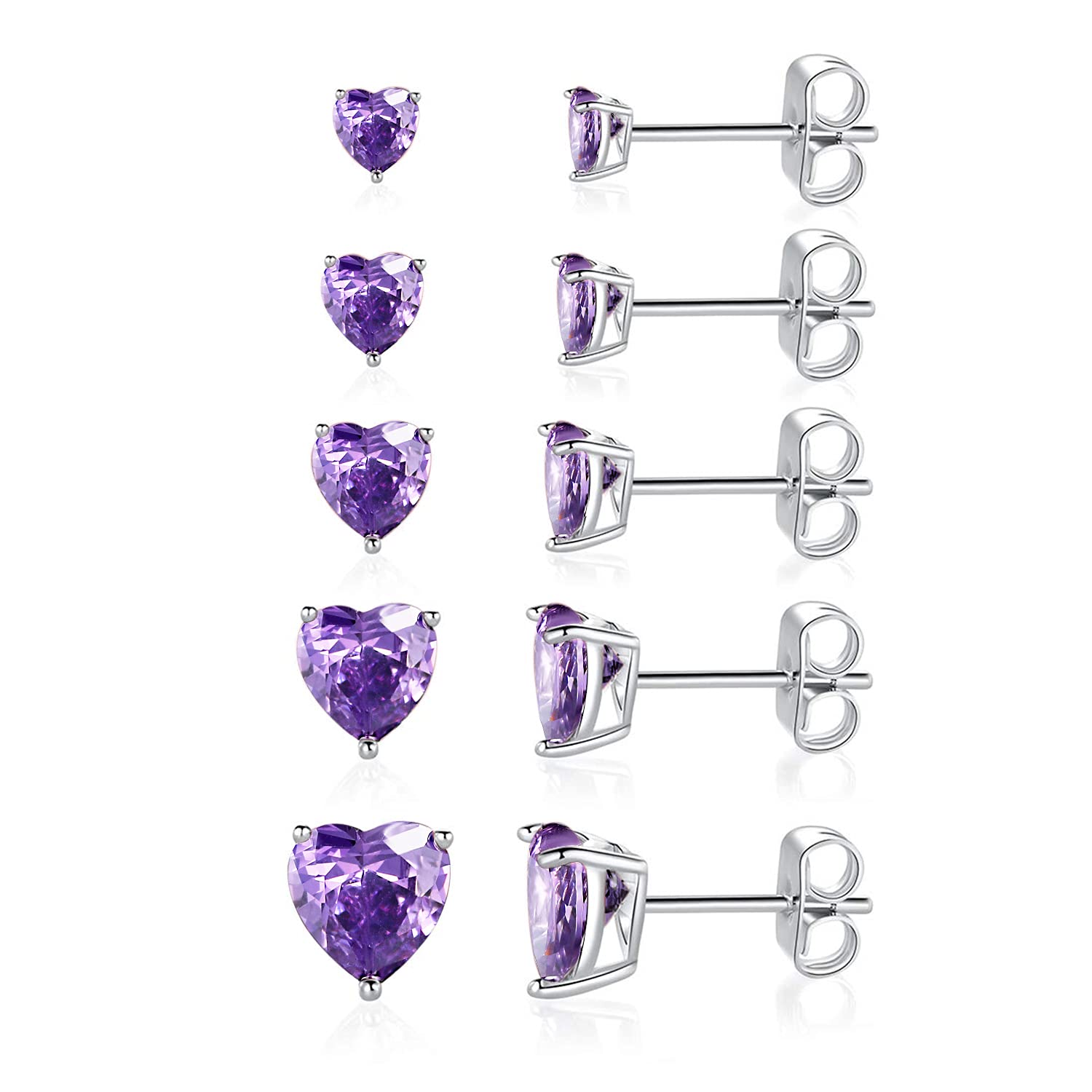 18K White Gold Plated Heart Shape Cubic Zirconia Stud Earrings - 5 Pairs Pack, Birthstone Collection | Perfect Gift for Valentine's Day, Anniversary & Special Occasions