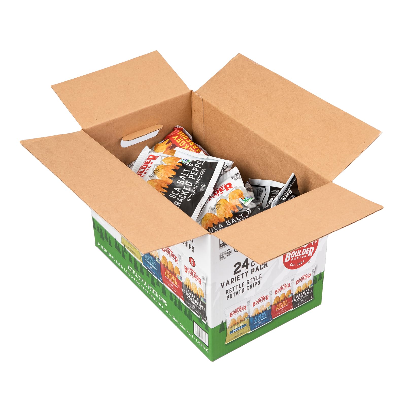 Boulder Canyon Kettle Style Potato Chips Variety Pack - 24 Count (1.5oz Bags) - Olive Oil, Classic Sea Salt, Hickory BBQ, Sea Salt & Cracked Pepper - Crunchy Snacks for Parties, Picnics & Office Lunch Breaks