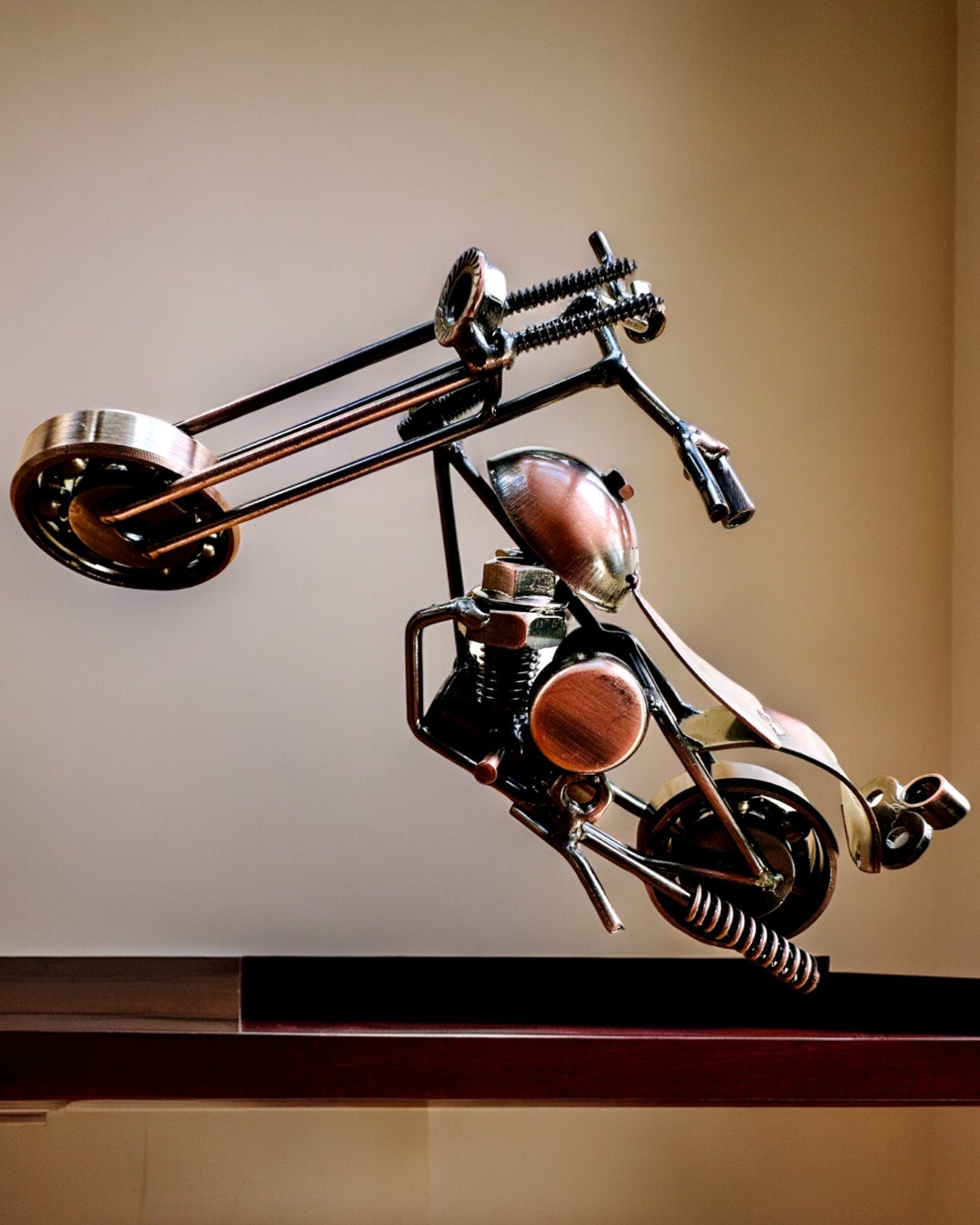 Handmade Iron Motorcycle Model - Custom Chopper Bike with Engraving | Unique Gift for Bikers, Home Decor & Man Cave Display