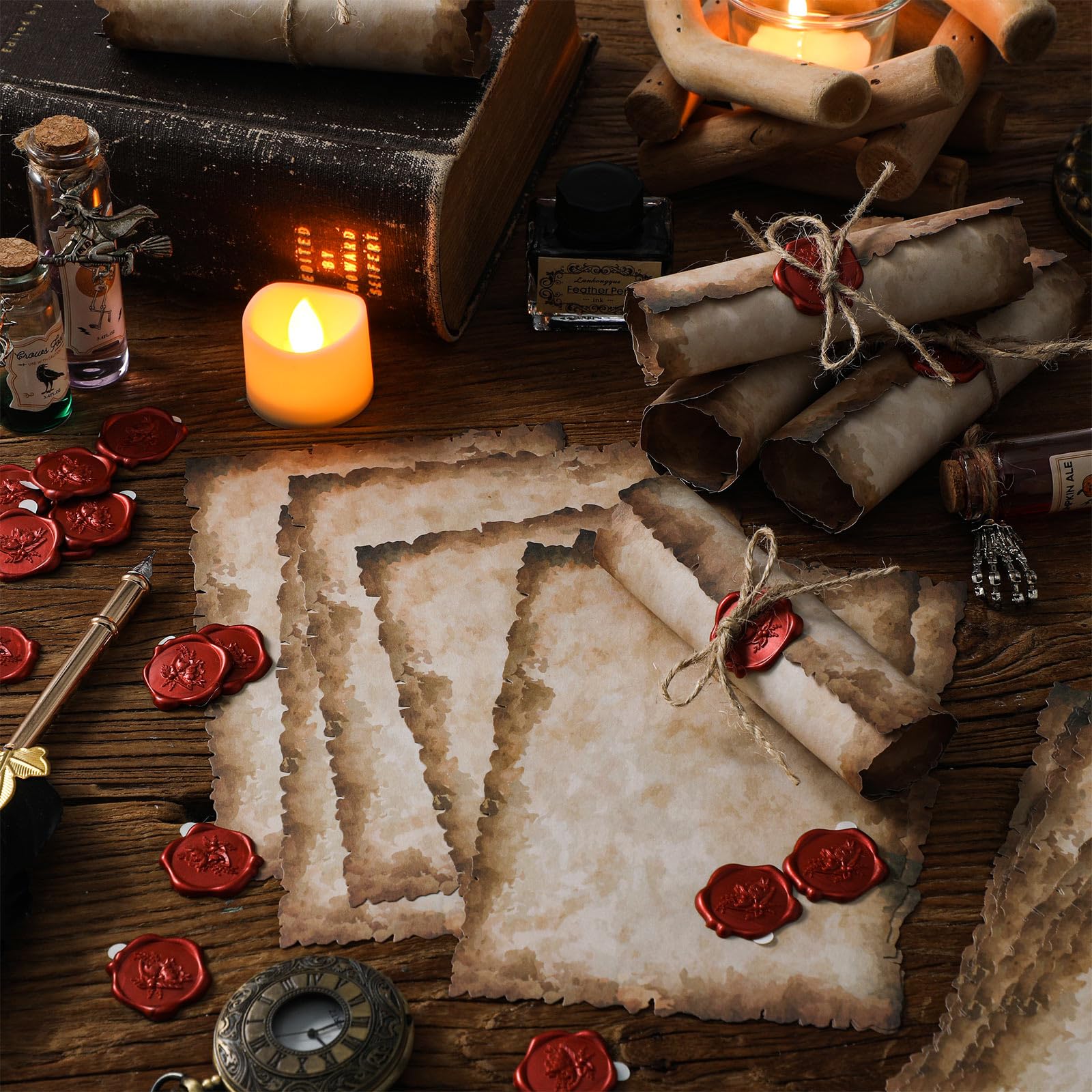 Antique Vintage Writing Invitations Set - 100 Letter Scroll Rustic Papers, 100 Wax Seal Stickers, 3 Twine Strands - Perfect for Valentine's Day, Mother's Day, Wedding, Medieval Theme Stationery (4x6 Inch) - Ideal for DIY Greeting Cards, Calligraphy, and Special Occasion Invitations