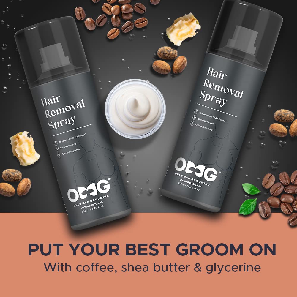 OMG Painless Hair Removal Spray for Men - Quick & Effective Body Hair Removal for Chest, Back, Hands, Legs & Intimate Areas | Enriched with Coffee Fragrance, Shea Butter & Glycerin | Works in Under 10 Minutes | 200ml | Perfect for Smooth Skin Before Beach, Gym or Date Night