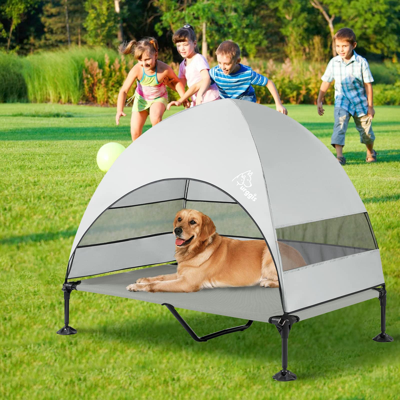 Upgraded Elevated Dog Bed with Canopy - Portable Raised Outdoor Pet Cot for Large Dogs, Stable Anti-Slip Feet & Wider Shade - Perfect for Camping, Backyard Lounging & Indoor Comfort