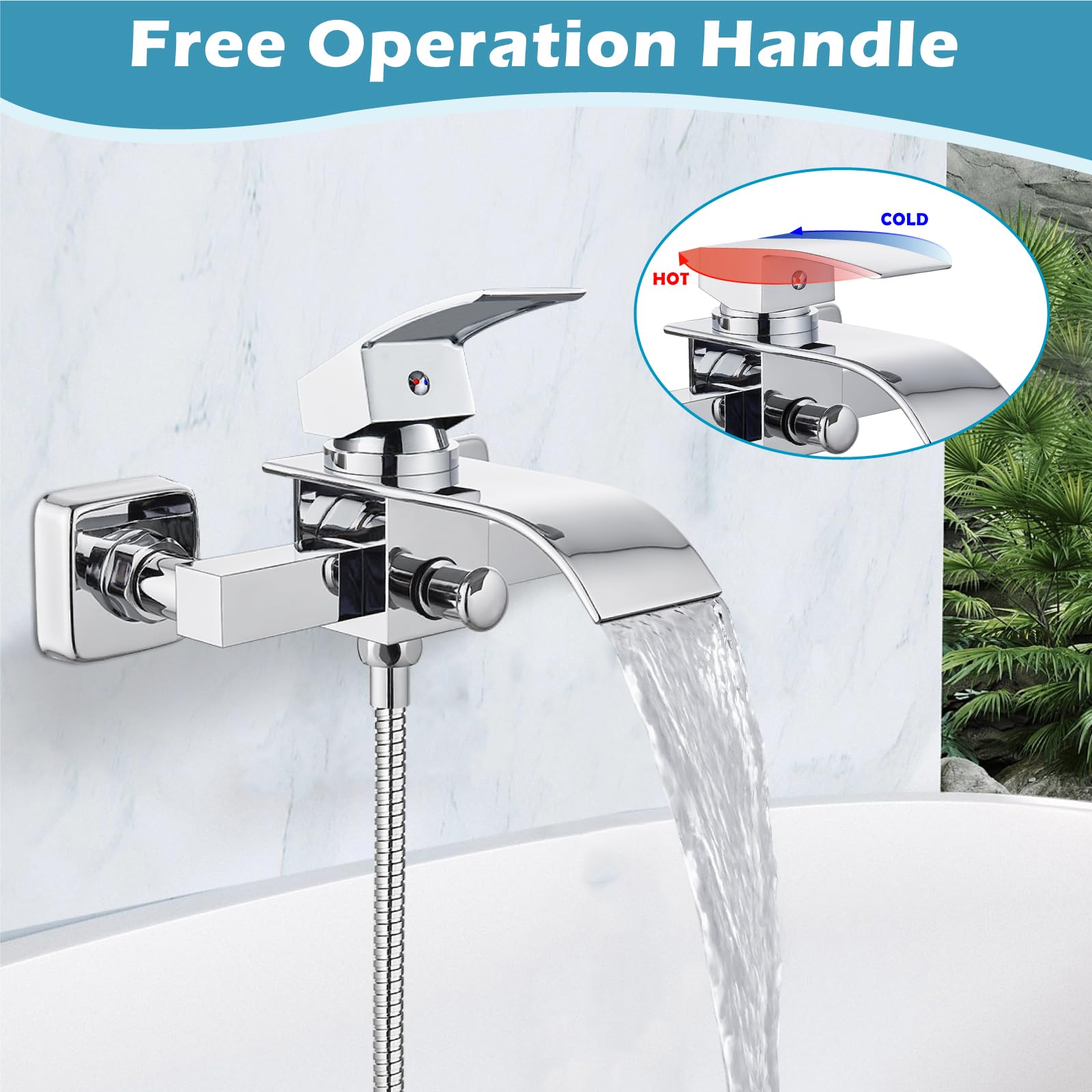 Midanya Wall Mount Bathtub Faucet with Handheld Shower - Waterfall Tub Filler Single Handle Bathroom Mixer Tap - Polish Chrome Finish - Perfect for Spa, Hotel & Luxury Home Bathrooms