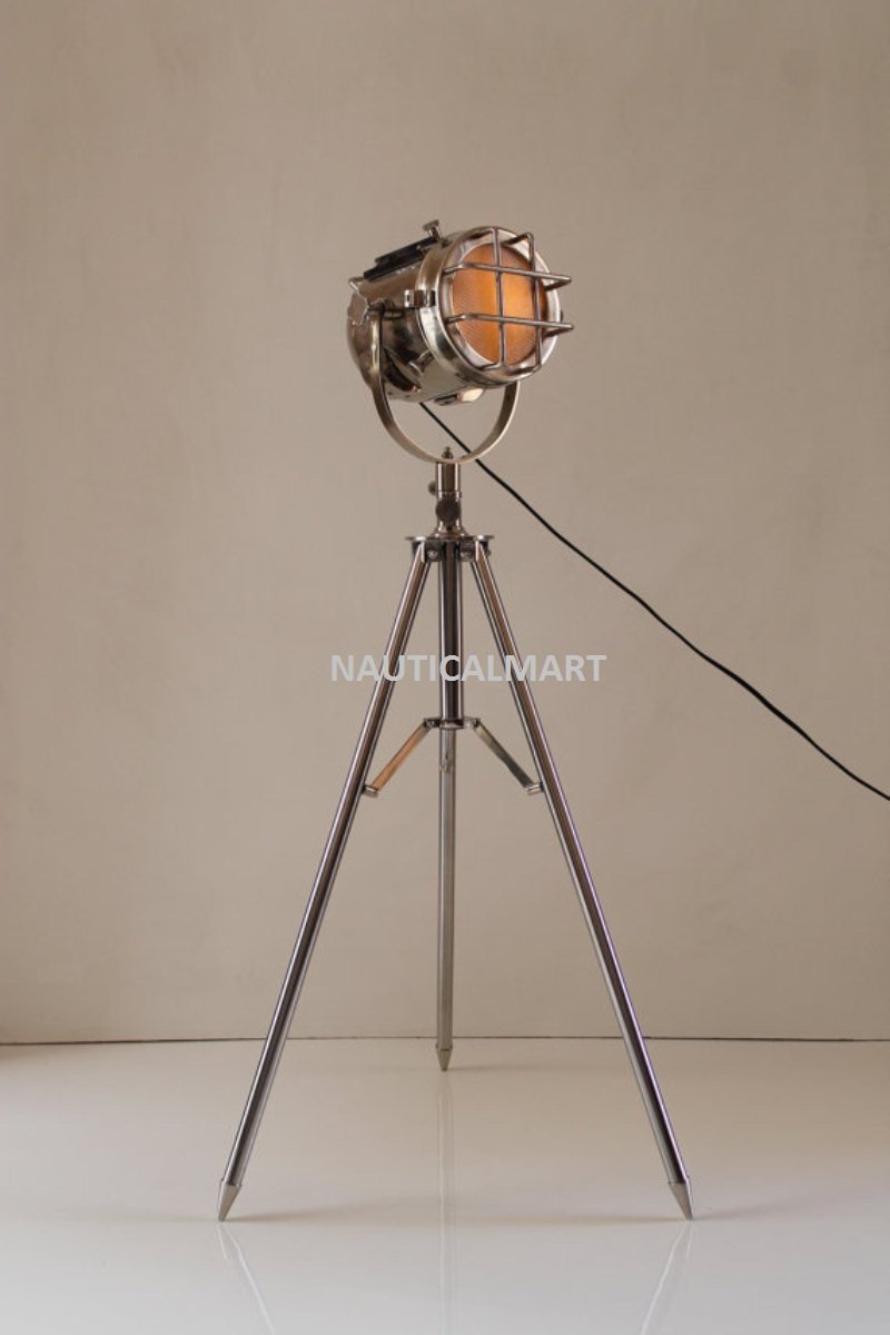 Vintage 1980s Chrome Studio Designer Floor Lamp with Metal Tripod Stand - Adjustable Searchlight for Home Office, Living Room & Reading Nook Lighting