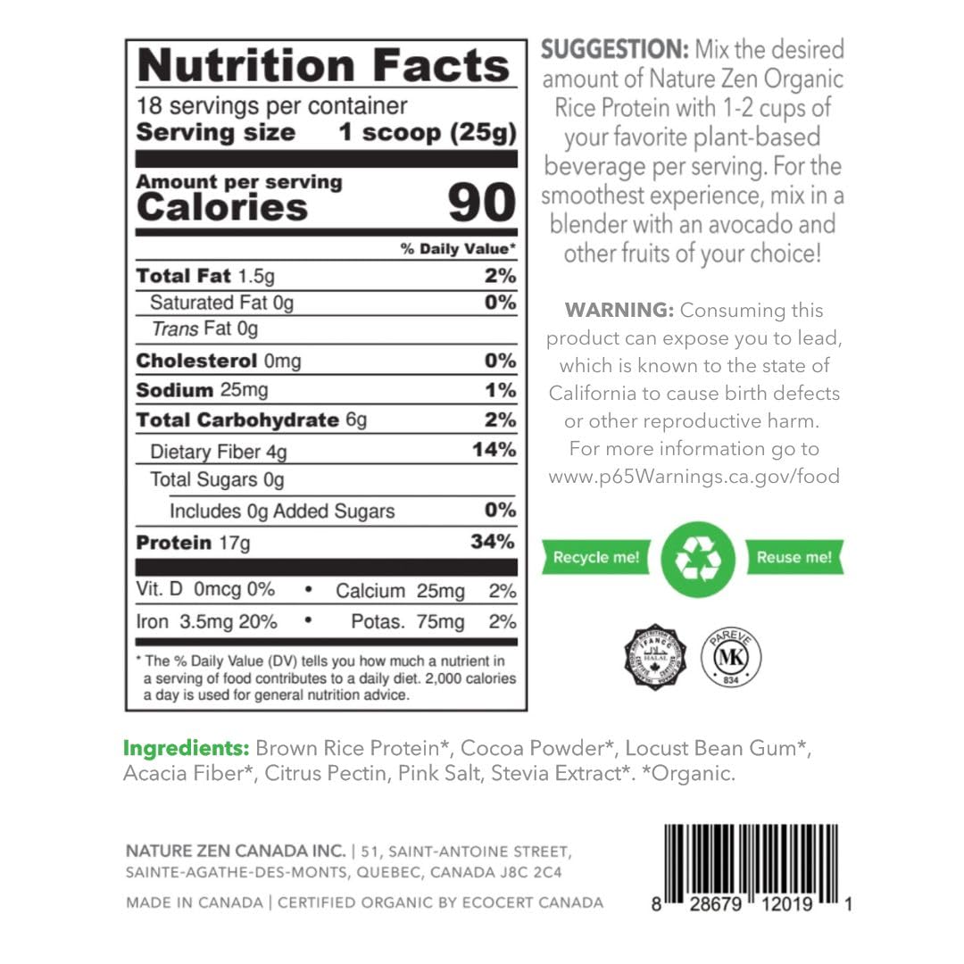 Organic Vegan Protein Powder - Nature Zen Rice Protein, Sugar-Free, Dairy-Free, Soy-Free, Gluten-Free, Non-GMO, Kosher, High Fiber (1LB, Cacao) - Perfect for Smoothies, Baking & Post-Workout Recovery