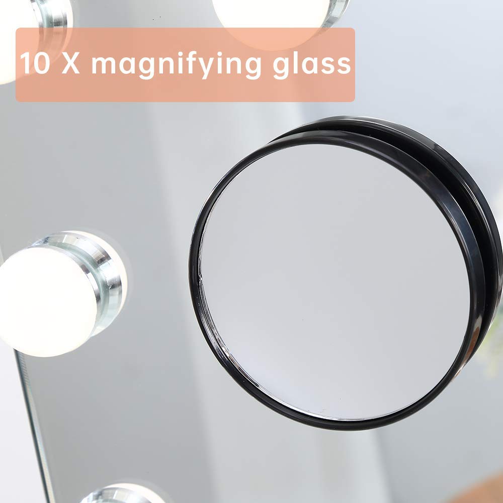 Hansong 9-LED Lighted Vanity Mirror with 10X Magnification - 360° Rotating Hollywood Makeup Mirror with Detachable Mirror & Adjustable Brightness for Professional Makeup, Skincare, and Grooming at Home or Salon