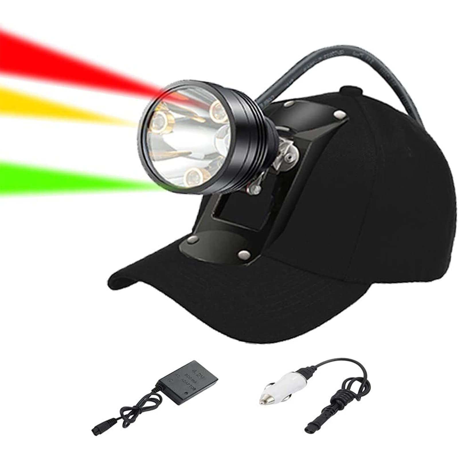 Rechargeable Waterproof Coon Hunting Headlamp - 6 Lighting Modes with Powerful Red, White, Green & Amber LEDs for Coyote, Hog & Predator Hunting | Includes Adjustable Black Hunting Hat | Ideal for Night Hunting, Tracking & Outdoor Adventures