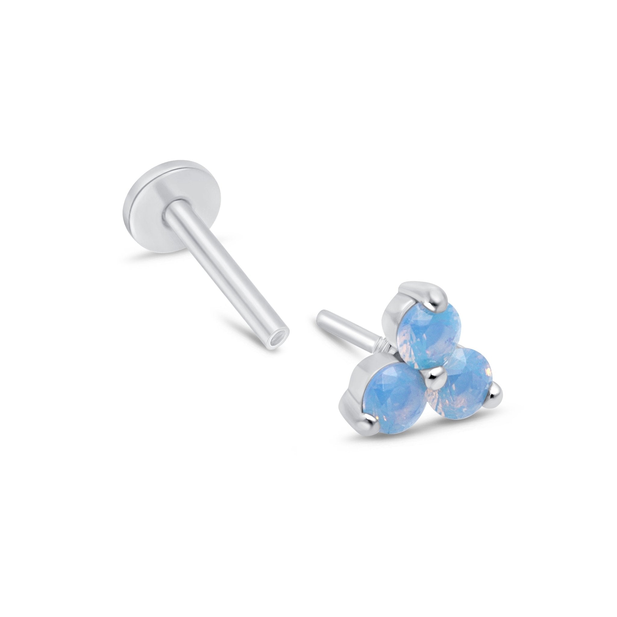 14k White Gold Blue Opal Trinity Cluster Stud Earrings – Elegant Flat Back Design for Women, Perfect for Weddings, Parties & Daily Wear