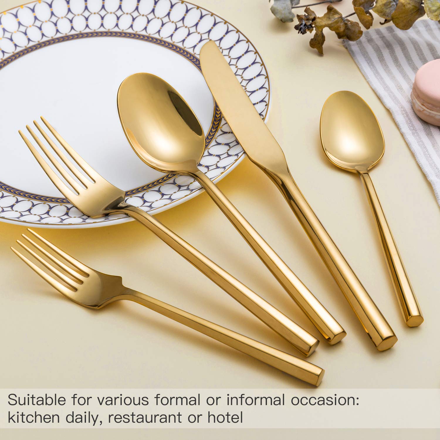 Premium 40-Piece Stainless Steel Flatware Set - Gold & Silver Silverware with Hexagon Handle for 8 People - Elegant Dinnerware for Home, Kitchen, Restaurant & Daily Use