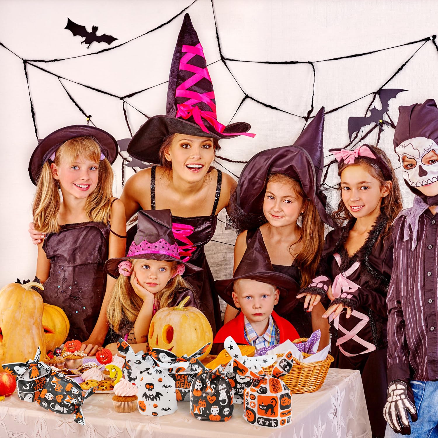 100Pcs Halloween Treat Bags for Kids - 6 Styles Cute Rabbit Ear Plastic Goodie Bags for Trick or Treat, Party Favors & Candy Gifts | Perfect for Halloween Parties, Classroom Treats & Neighborhood Trick-or-Treating