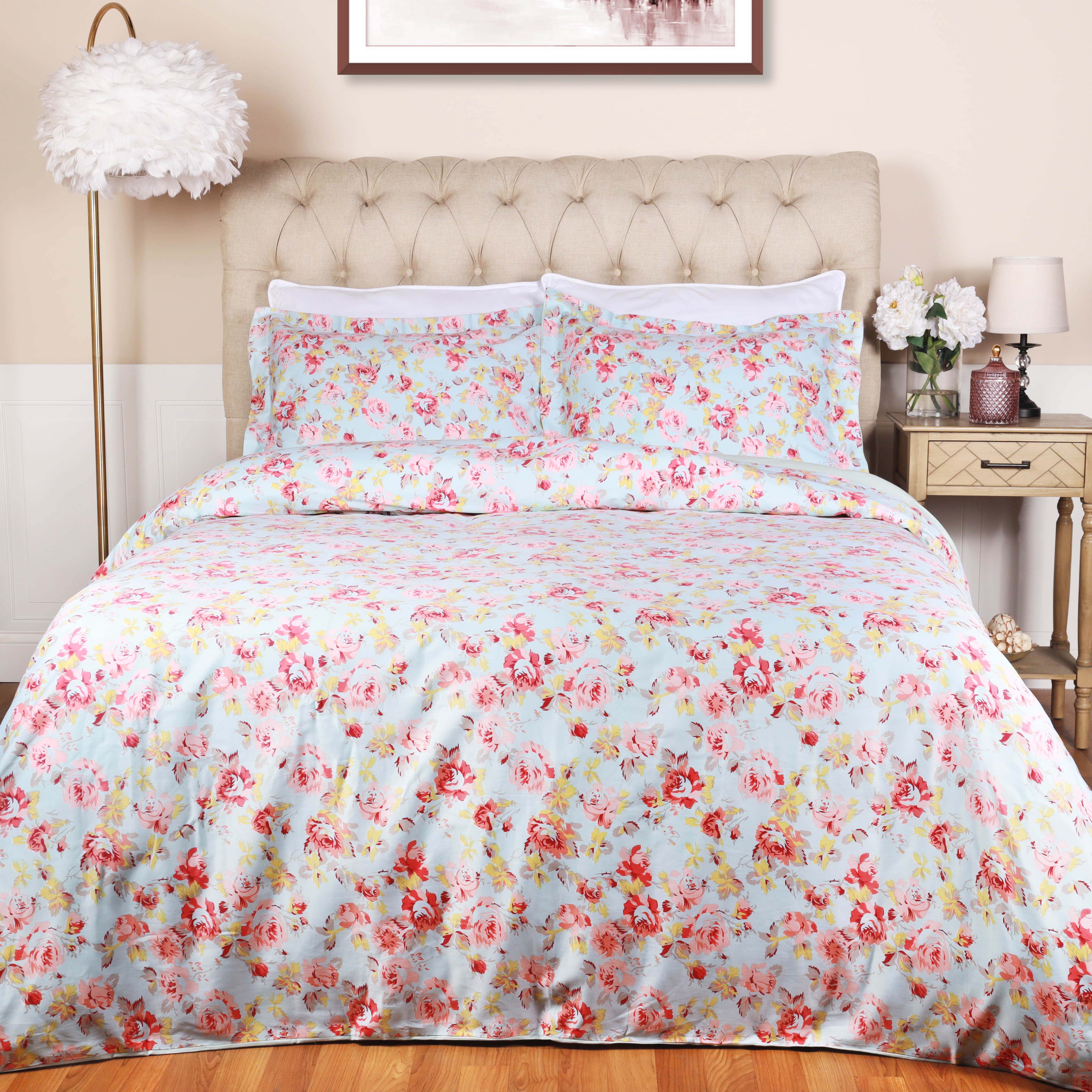 300 Thread Count Solid & Floral Cotton Duvet Cover Set - All Season Soft Bedding for Master Bedroom, Guest Room & Vacation Homes